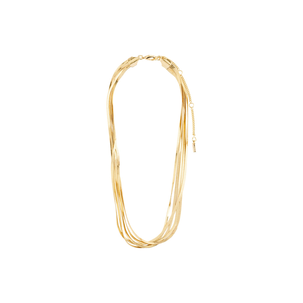 KIRA necklace, gold-plated, features five layered flat snake chains in a bold, sculptural design, crafted from 99% recycled materials, embodying Pilgrim's innovative style.