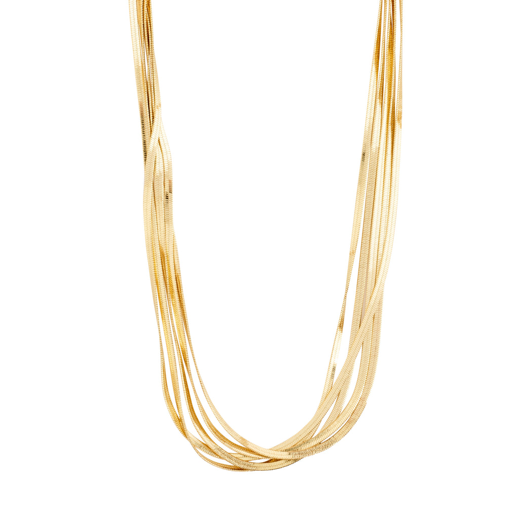 KIRA necklace gold-plated, featuring five layered flat snake chains with a sculptural design, embodying Pilgrim's innovative and eco-friendly jewelry craftsmanship.
