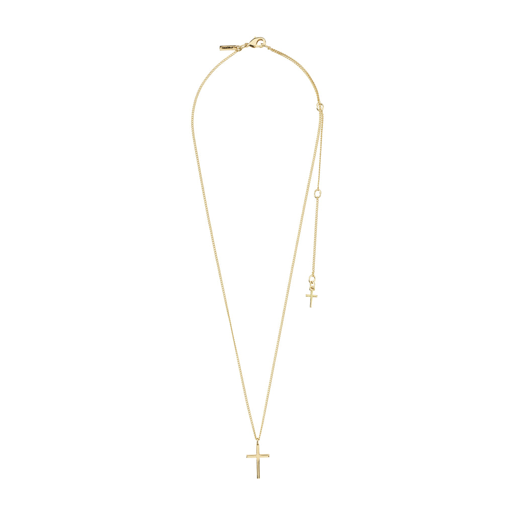 Gold-plated FLYNN necklace with a slim curb chain and polished cross pendant, emphasizing timeless style and sustainable craftsmanship from Pilgrim.