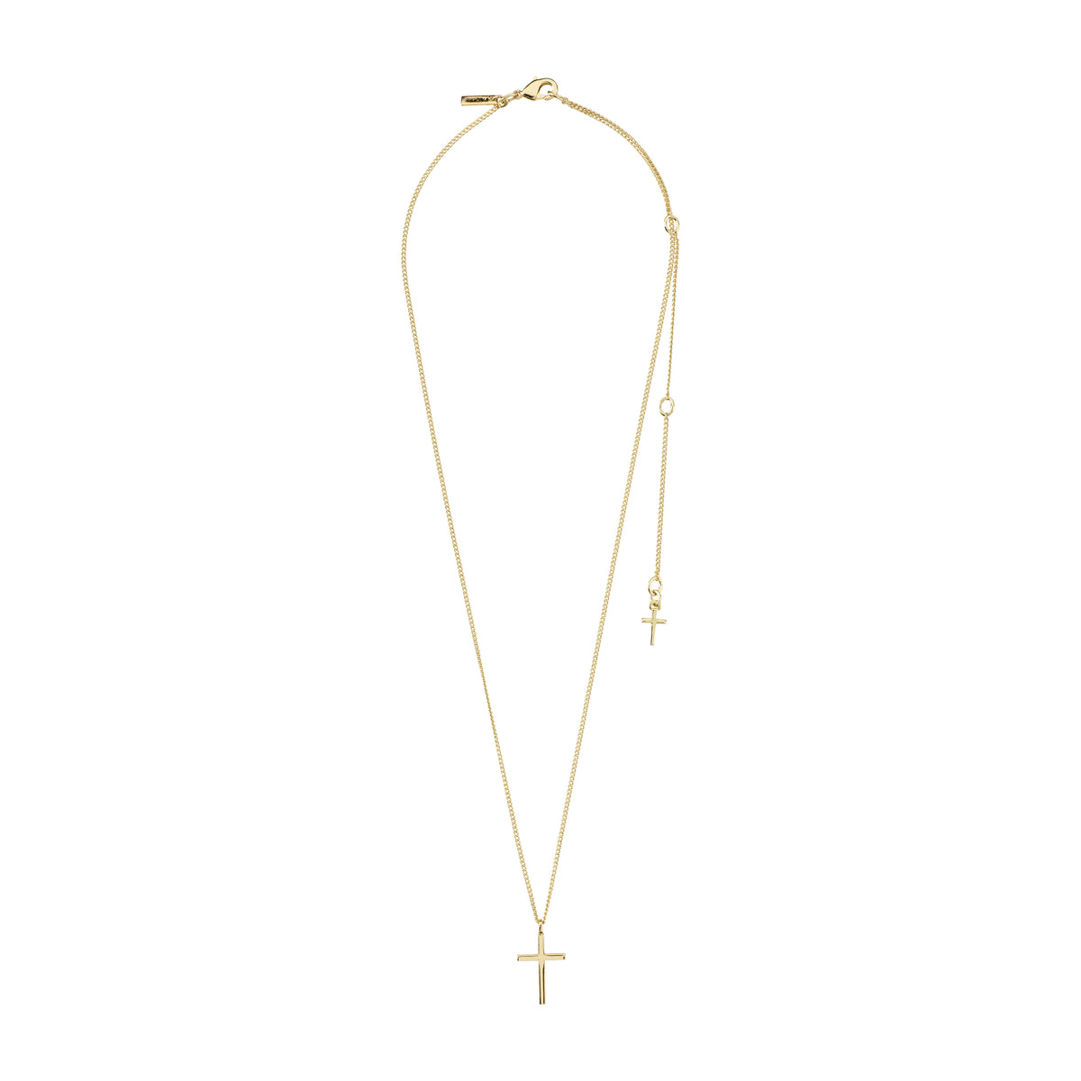 Gold-plated FLYNN necklace with a slim curb chain and polished cross pendant, emphasizing timeless style and sustainable craftsmanship from Pilgrim.