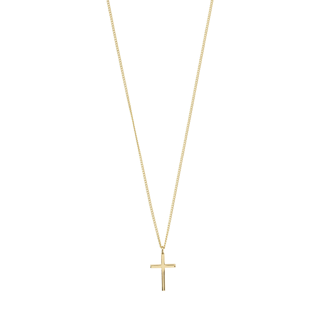 FLYNN necklace gold-plated features a polished cross pendant on a slim curb chain, embodying minimalist elegance and timeless style.
