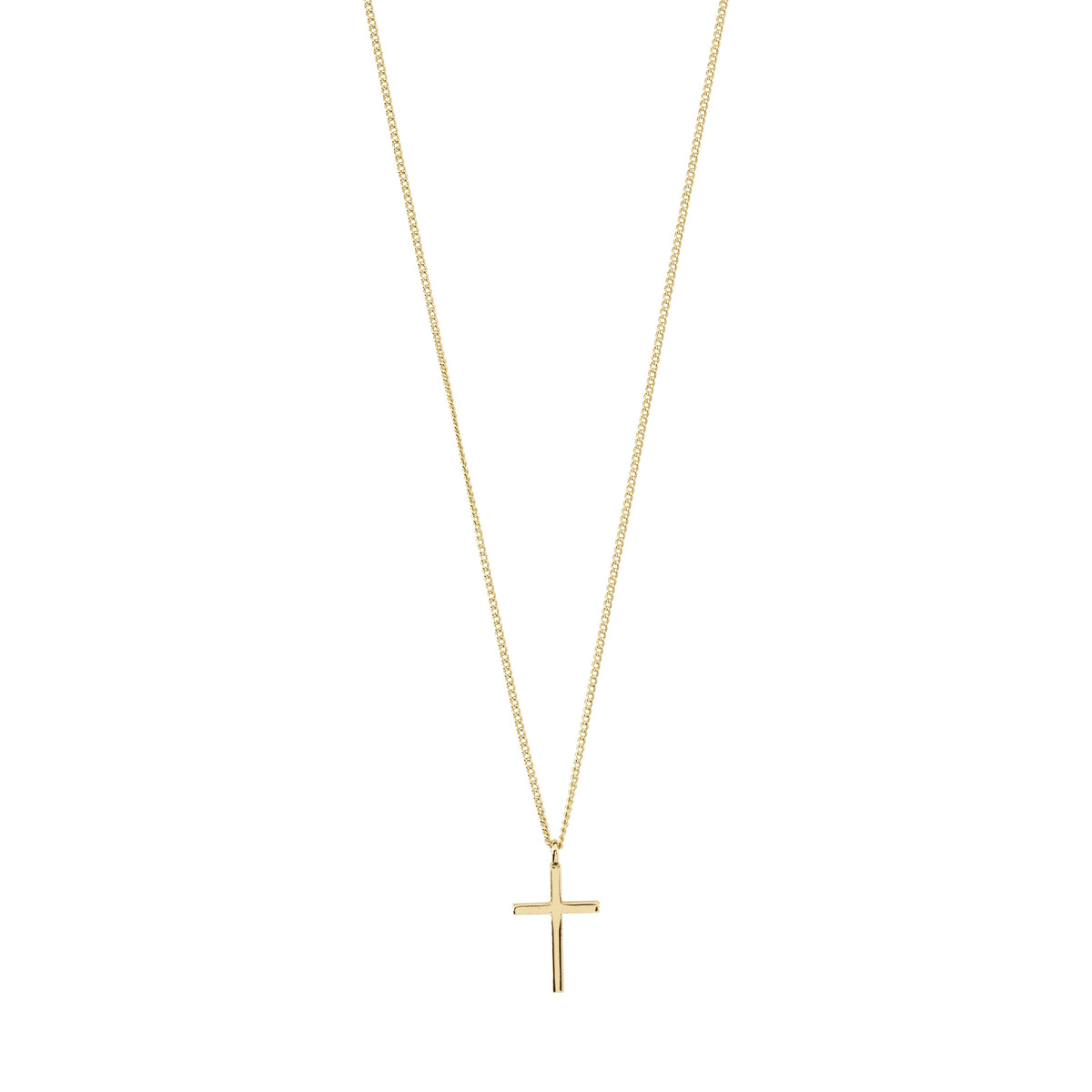 FLYNN necklace gold-plated features a polished cross pendant on a slim curb chain, embodying minimalist elegance and timeless style.