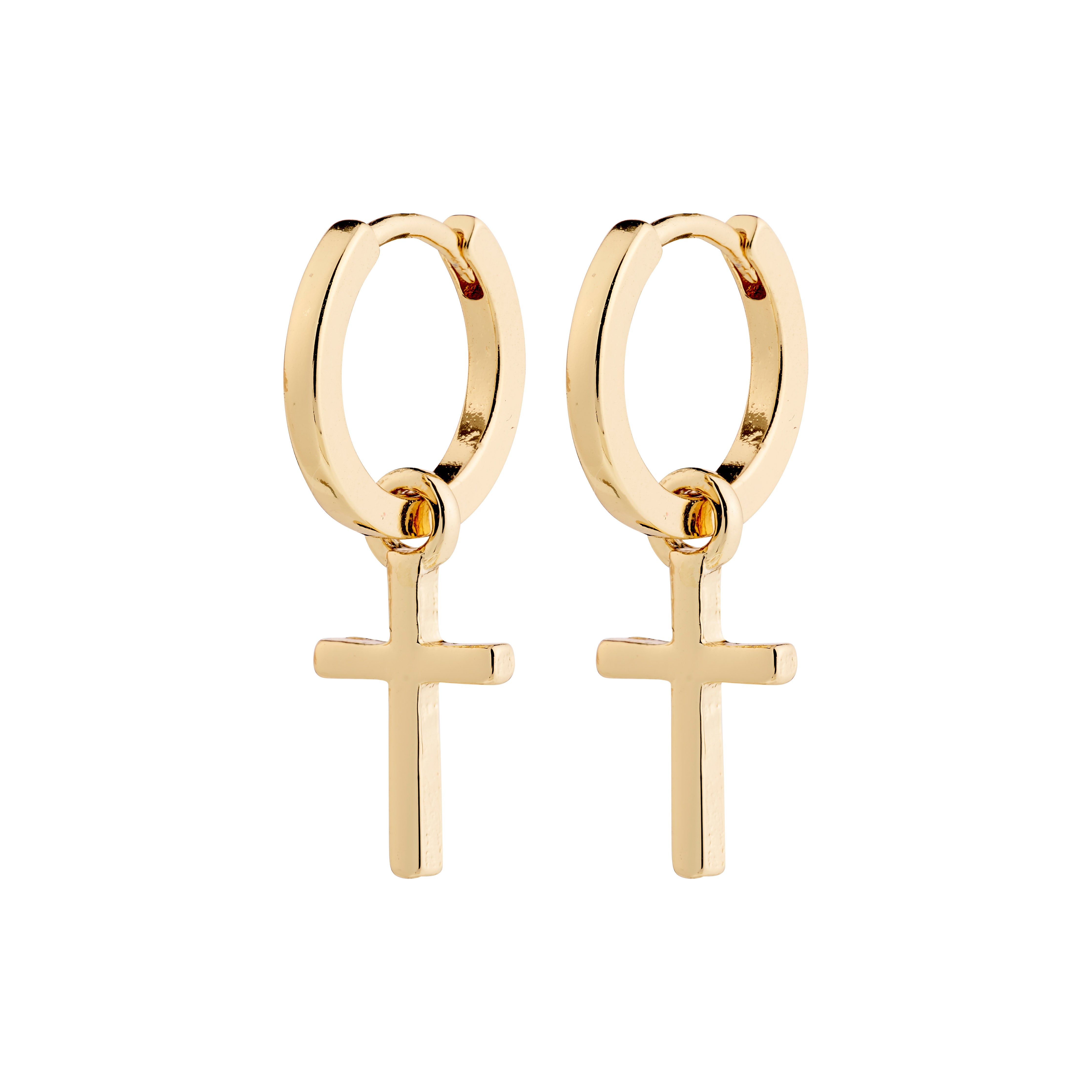FLYNN earrings gold-plated: Chunky gold-plated hoops featuring sleek cross pendants, offering a timeless style with an easy click clasp for versatile wear.
