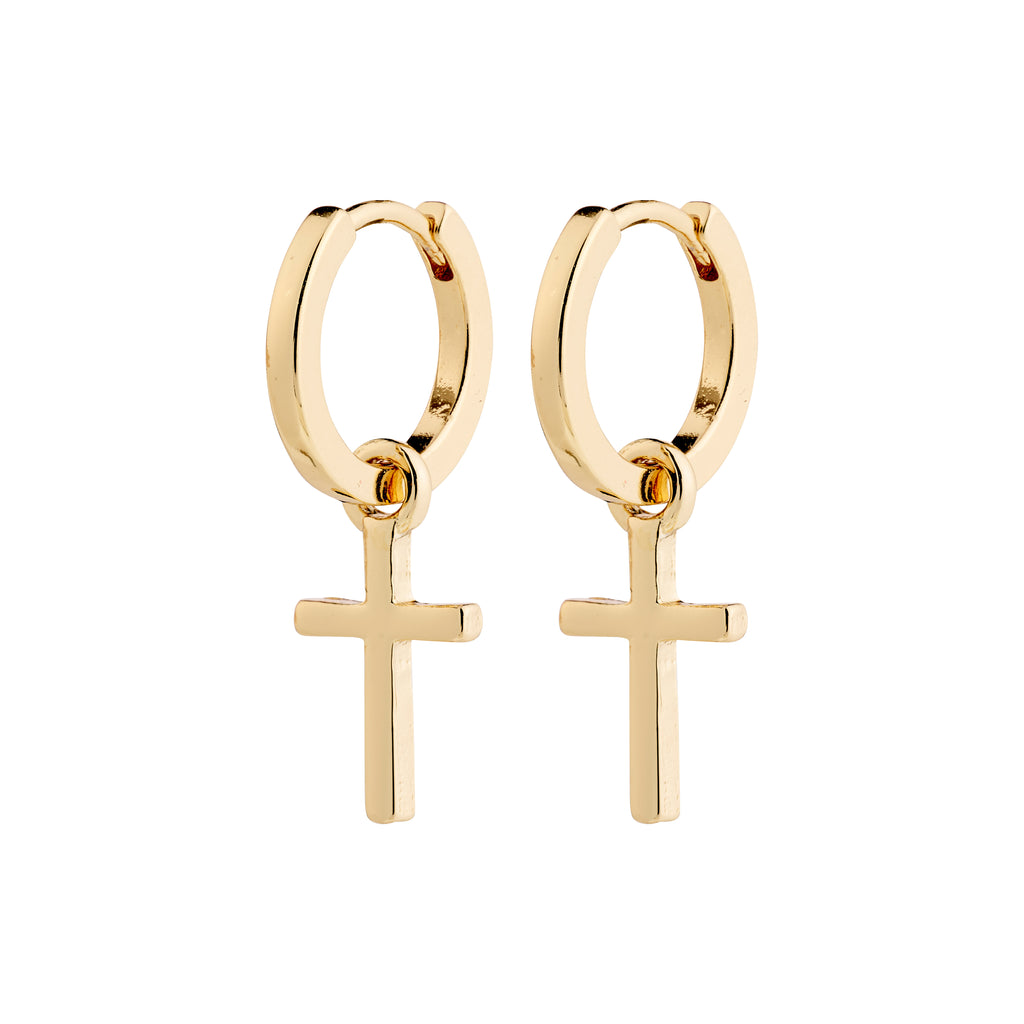 FLYNN earrings gold-plated: Chunky gold-plated hoops featuring sleek cross pendants, offering a timeless style with an easy click clasp for versatile wear.