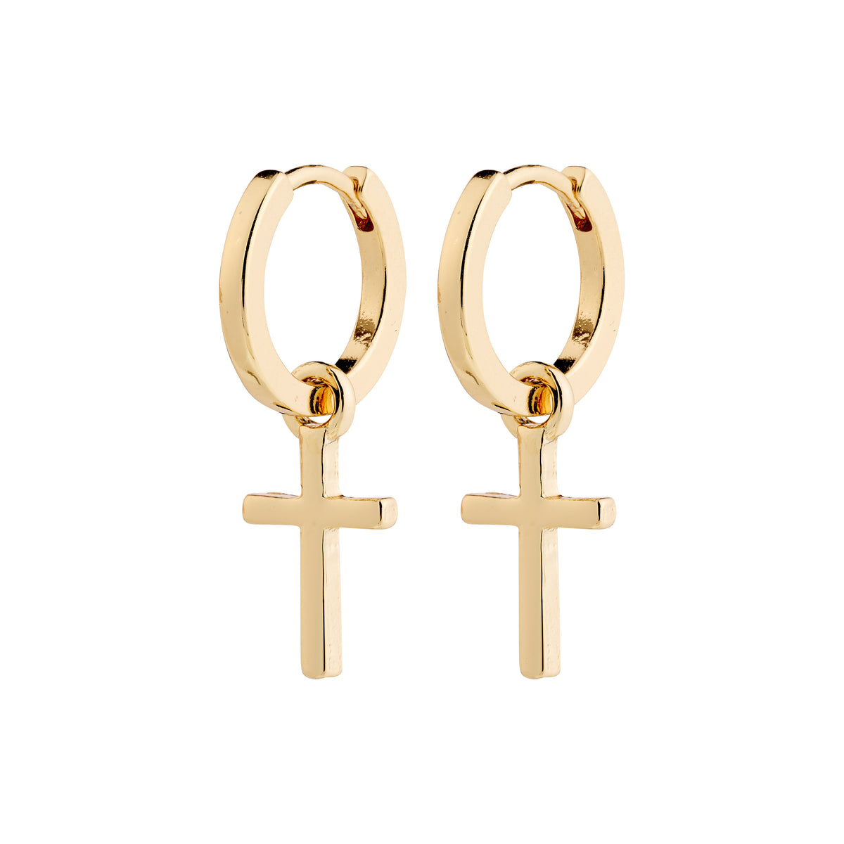 FLYNN earrings gold-plated: Chunky gold-plated hoops featuring sleek cross pendants, offering a timeless style with an easy click clasp for versatile wear.