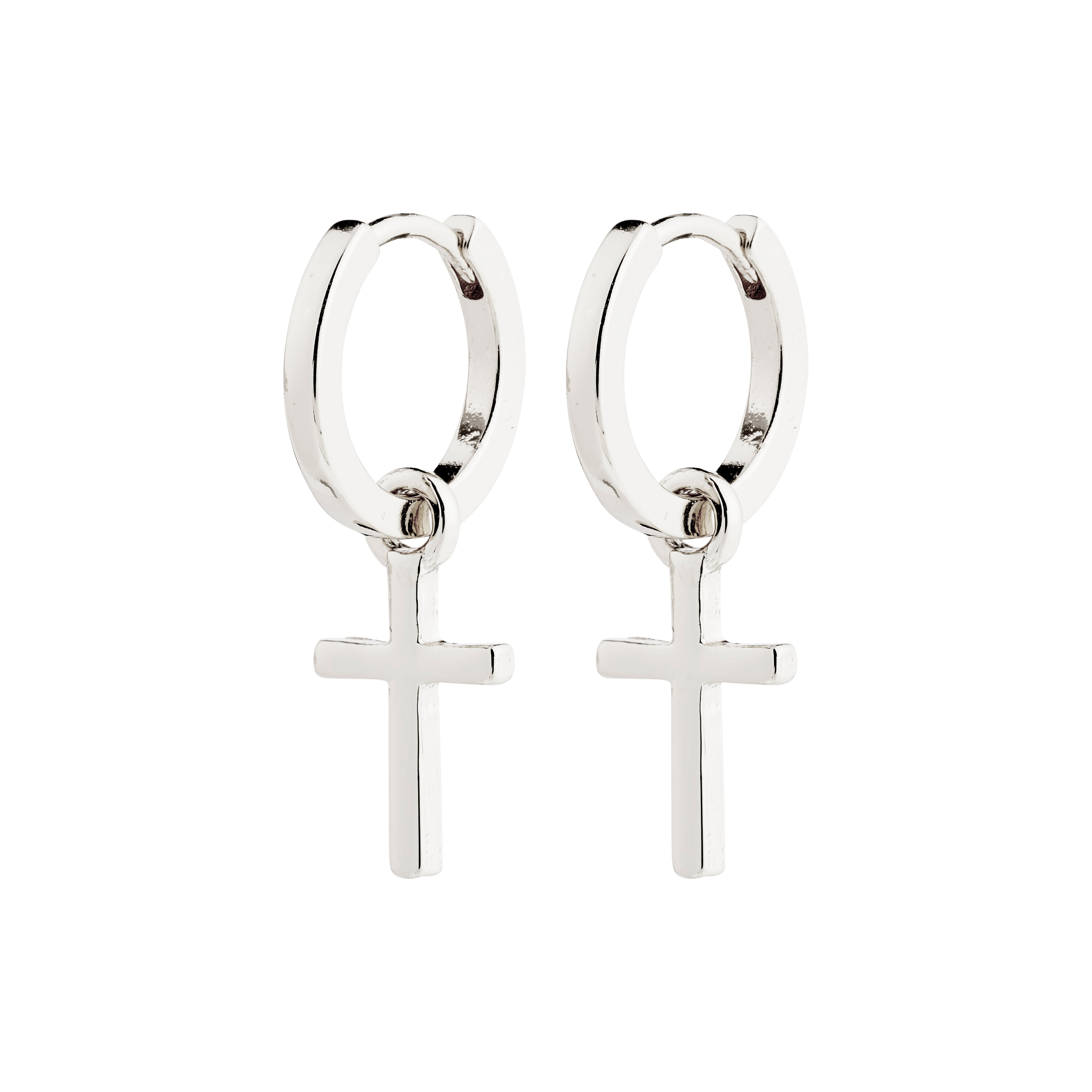 FLYNN earrings silver-plated, featuring chunky hoops with sleek cross pendants, offer a timeless design and easy click clasp. Made from 99% recycled materials for sustainable style.
