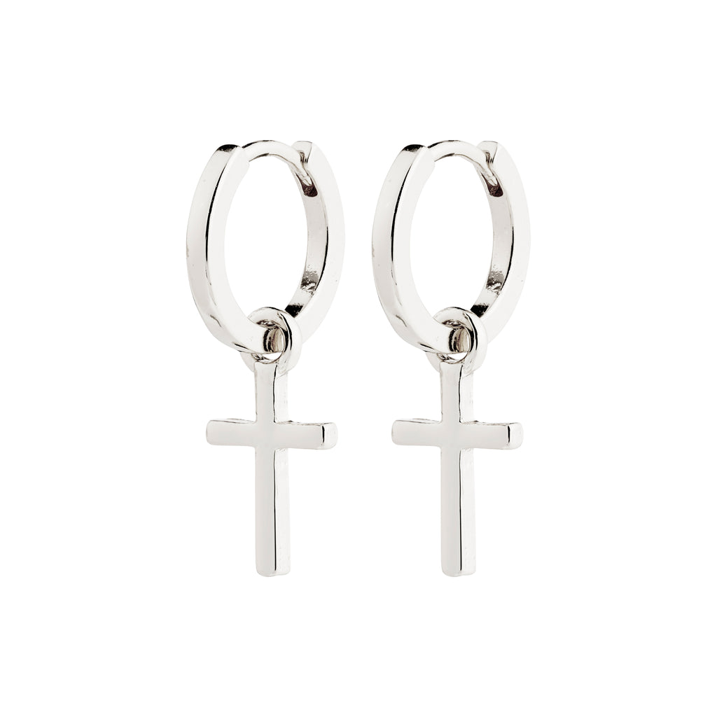 FLYNN earrings silver-plated, featuring chunky hoops with sleek cross pendants, offer a timeless design and easy click clasp. Made from 99% recycled materials for sustainable style.