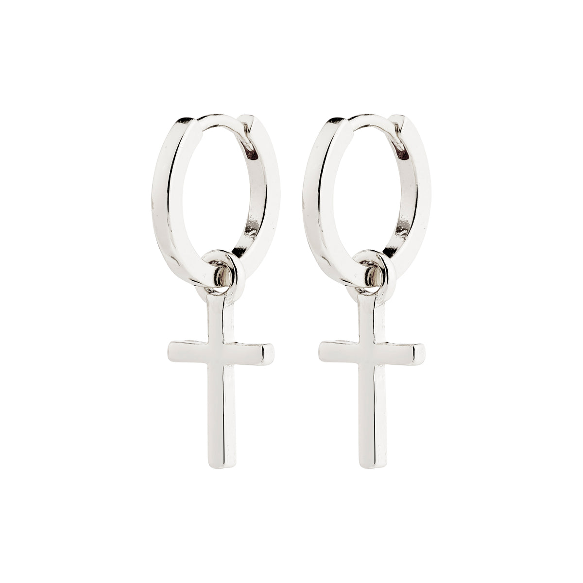 FLYNN earrings silver-plated, featuring chunky hoops with sleek cross pendants, offer a timeless design and easy click clasp. Made from 99% recycled materials for sustainable style.