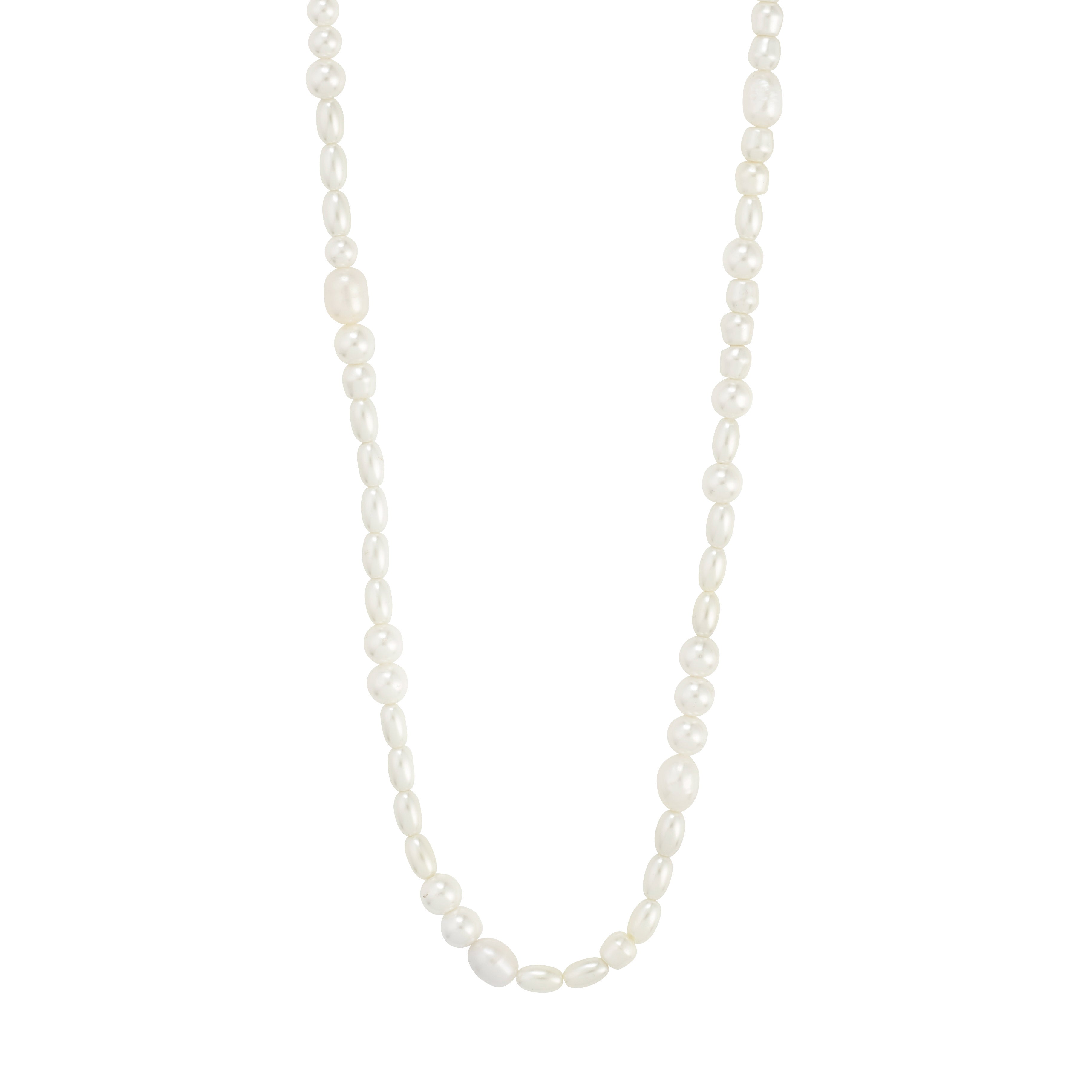 ELLIANA necklace: Silver-plated, long design with genuine freshwater pearls and mother-of-pearl glass beads, offering an elegant, adjustable accessory for versatile styling.