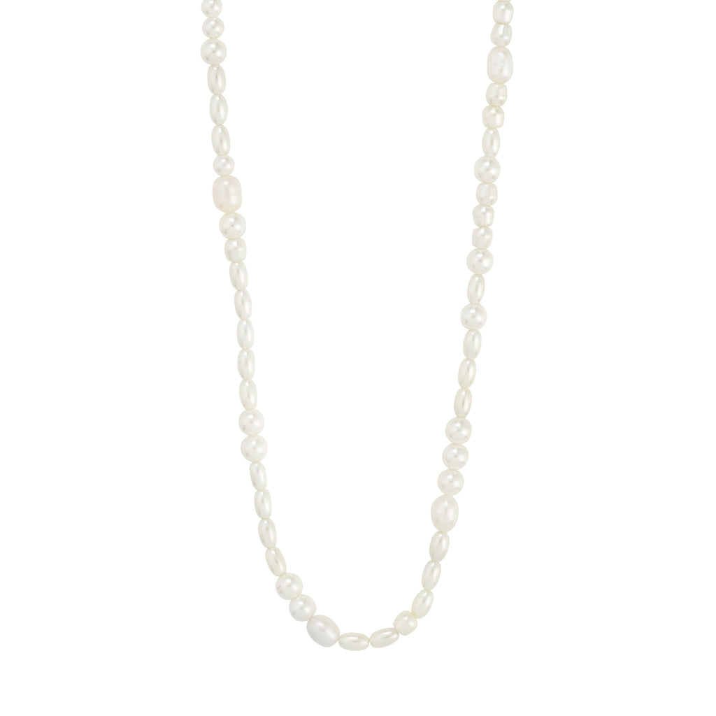 ELLIANA necklace: Silver-plated, long design with genuine freshwater pearls and mother-of-pearl glass beads, offering an elegant, adjustable accessory for versatile styling.