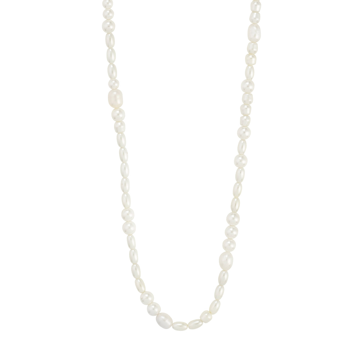 ELLIANA necklace: Silver-plated, long design with genuine freshwater pearls and mother-of-pearl glass beads, offering an elegant, adjustable accessory for versatile styling.