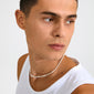 ELLIANA necklace: Silver-plated, featuring freshwater pearls and mother-of-pearl glass beads, worn by a man in a white tank top, showcasing modern elegance.