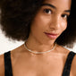 ELLIANA silver-plated necklace featuring genuine freshwater pearls and mother-of-pearl glass beads, elegantly worn by a woman with afro hair.