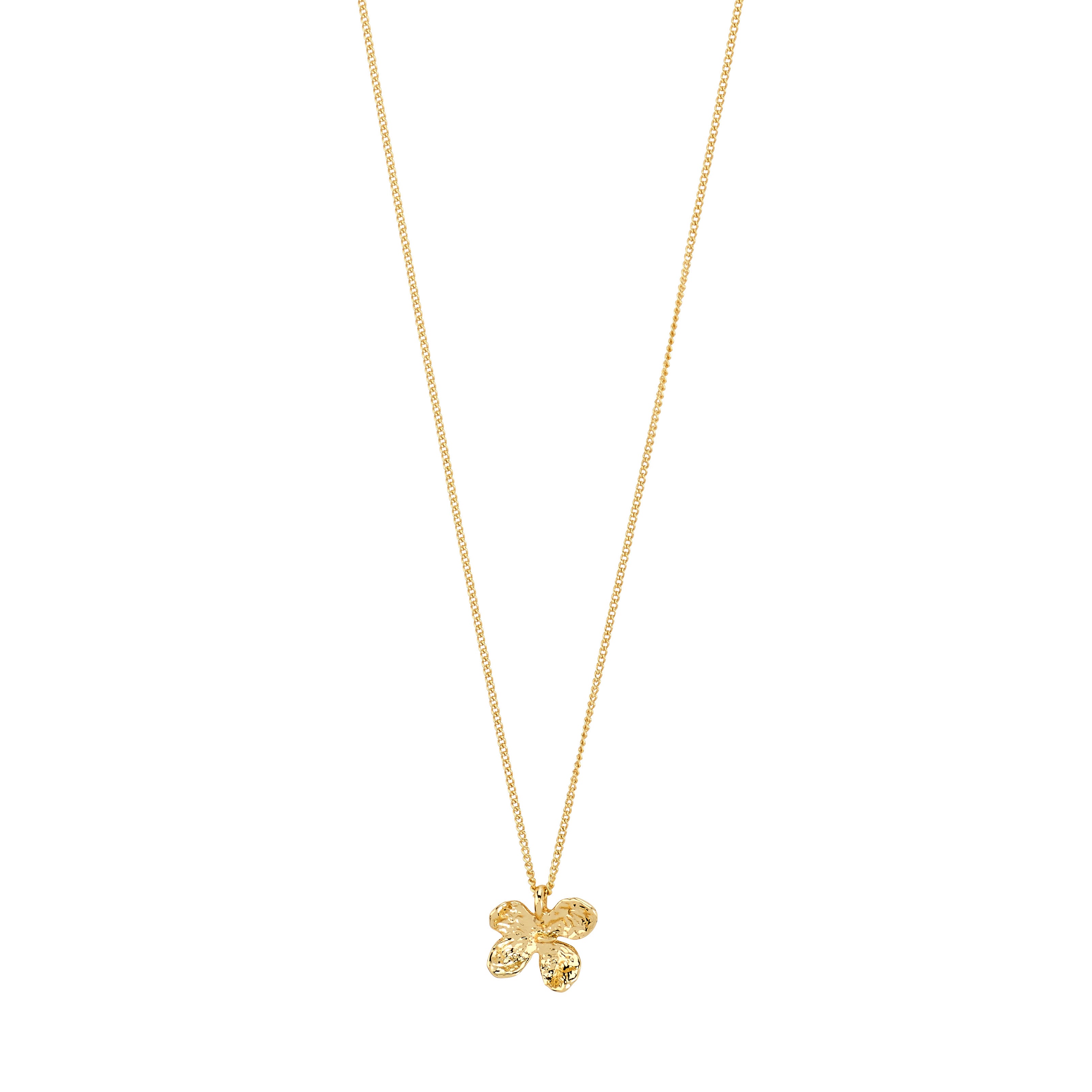 AJANI necklace gold-plated features a fine chain with a textured four-petal flower pendant, showcasing Pilgrim's artisan craftsmanship and sustainable elegance.