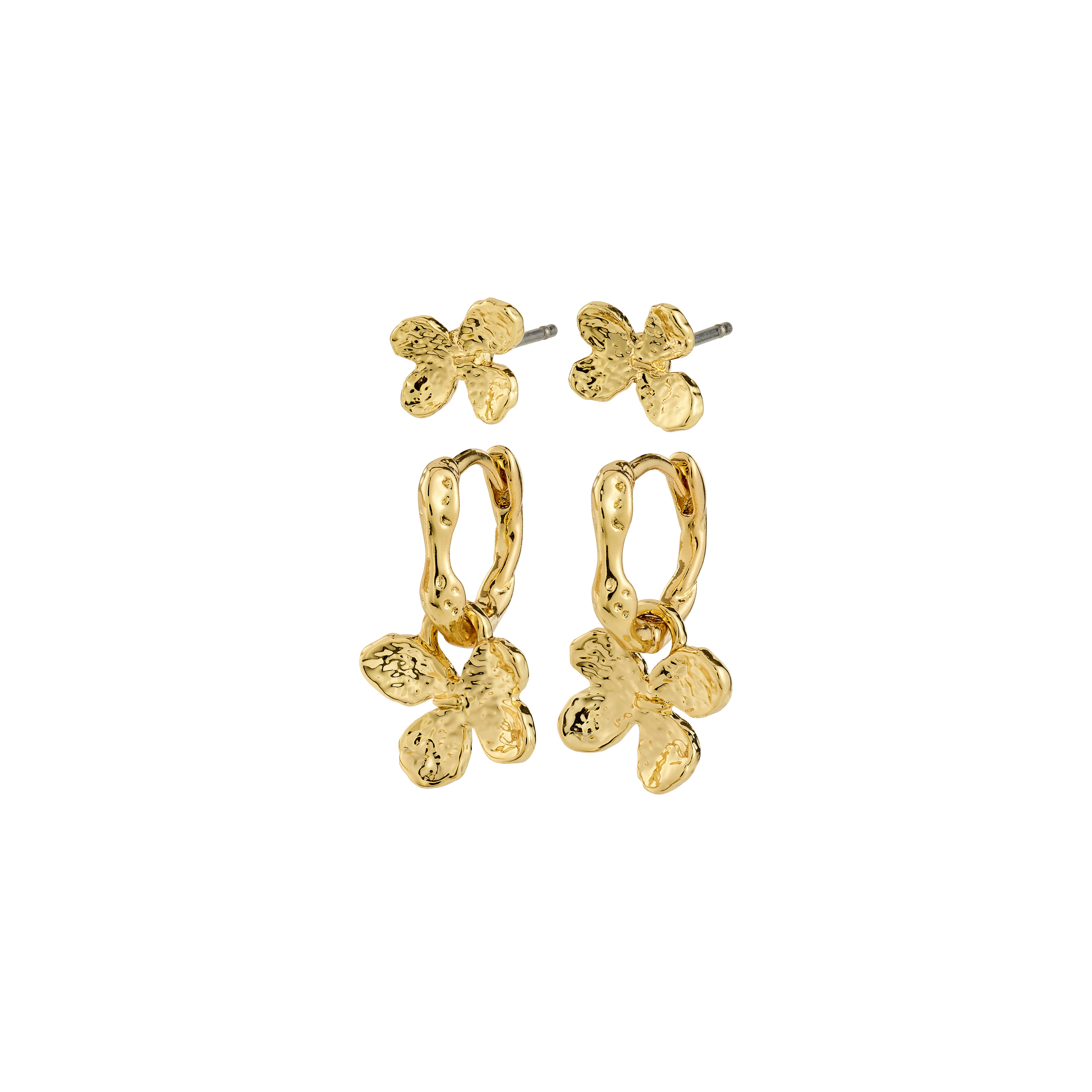 AJANI earrings 2-in-1 set: gold-plated studs and huggie hoops with hammered floral charms, combining laid-back elegance with versatile style by Pilgrim.