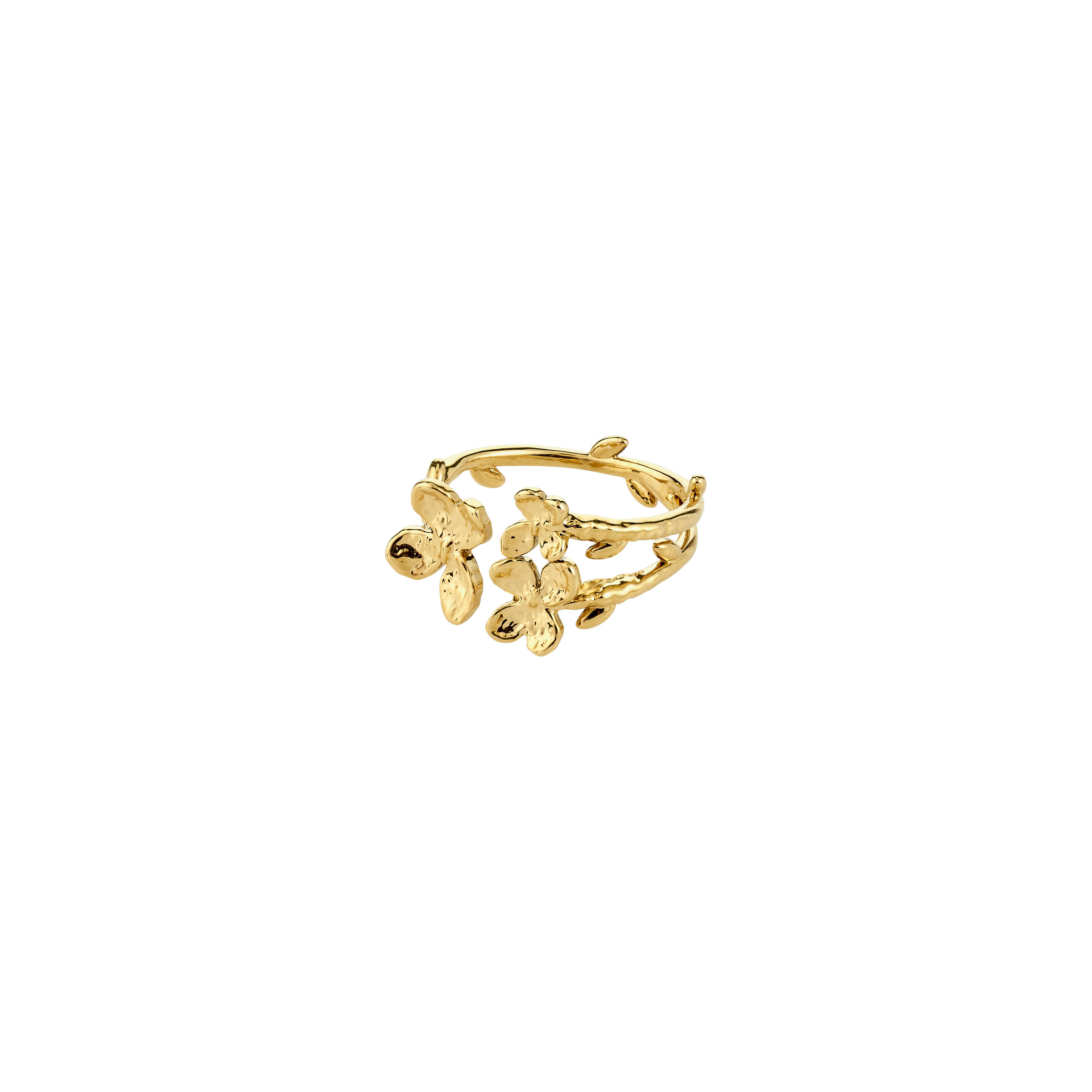 Gold-plated AJANI ring, resembling a twig with delicate leaves and blossoms, capturing nature's elegance and crafted for a perfect, adjustable fit.