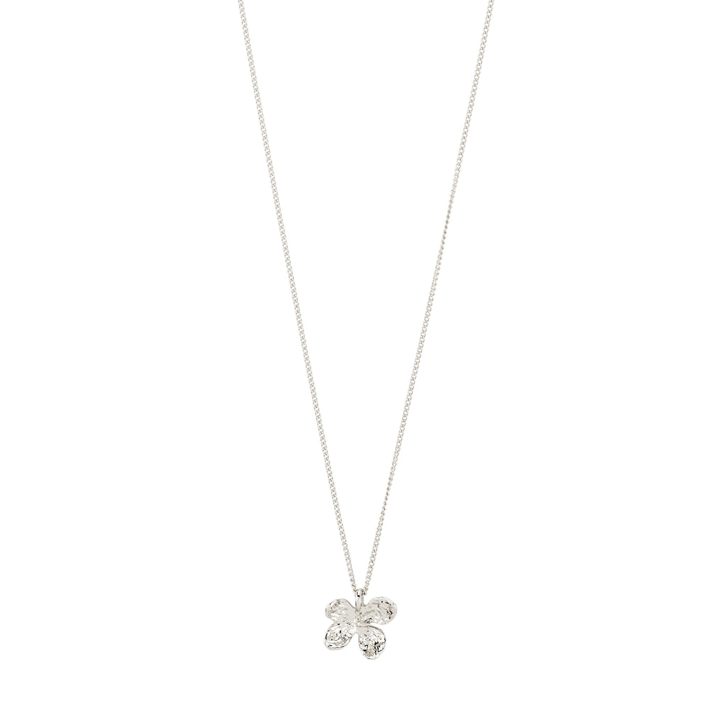 Silver-plated AJANI necklace featuring a textured four-petal flower pendant on a delicate chain, embodying a handcrafted, nature-inspired aesthetic. Adjustable length for versatile styling.