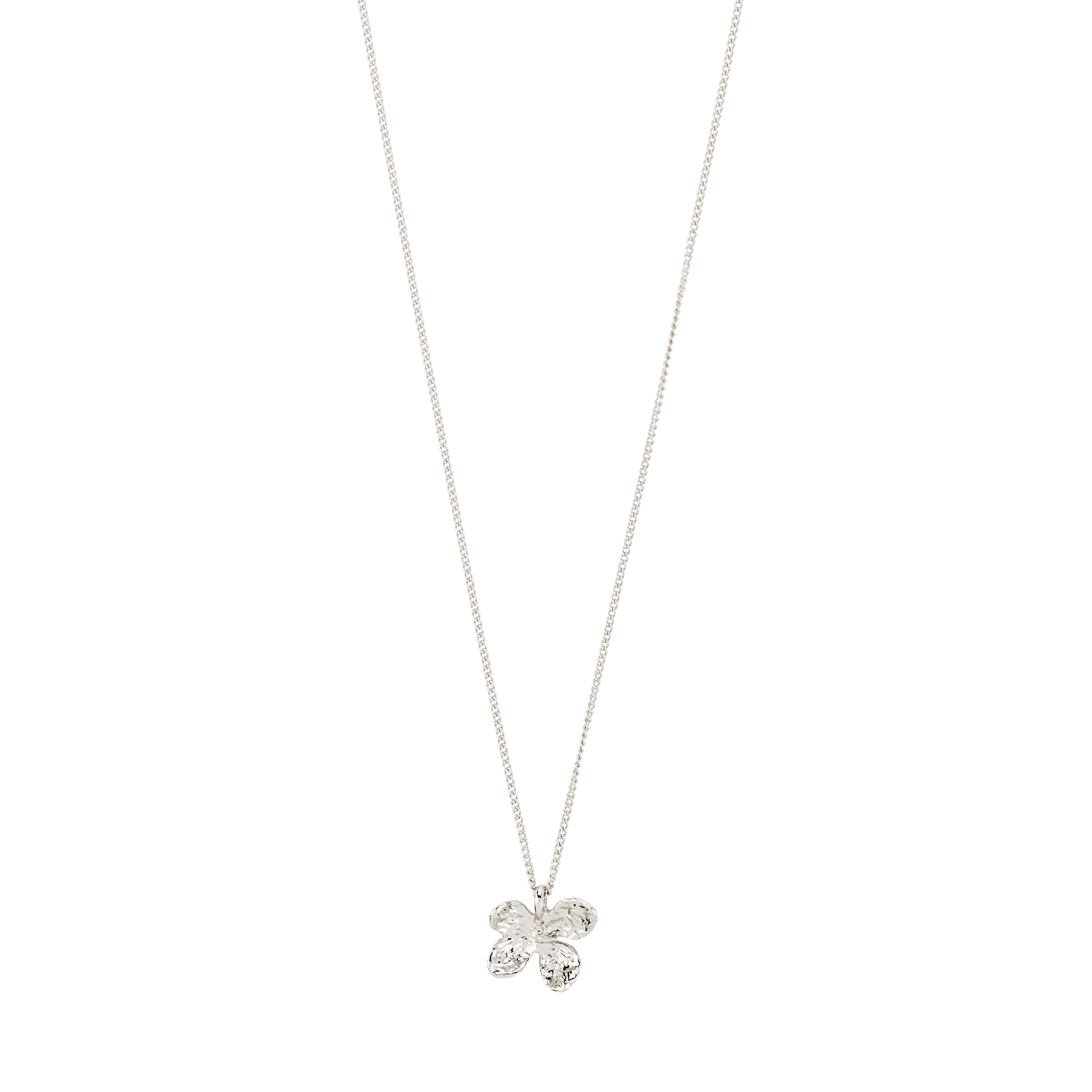 Silver-plated AJANI necklace featuring a textured four-petal flower pendant on a delicate chain, embodying a handcrafted, nature-inspired aesthetic. Adjustable length for versatile styling.