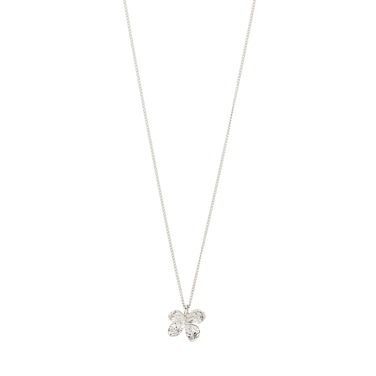 Silver-plated AJANI necklace featuring a textured four-petal flower pendant on a delicate chain, embodying a handcrafted, nature-inspired aesthetic. Adjustable length for versatile styling.