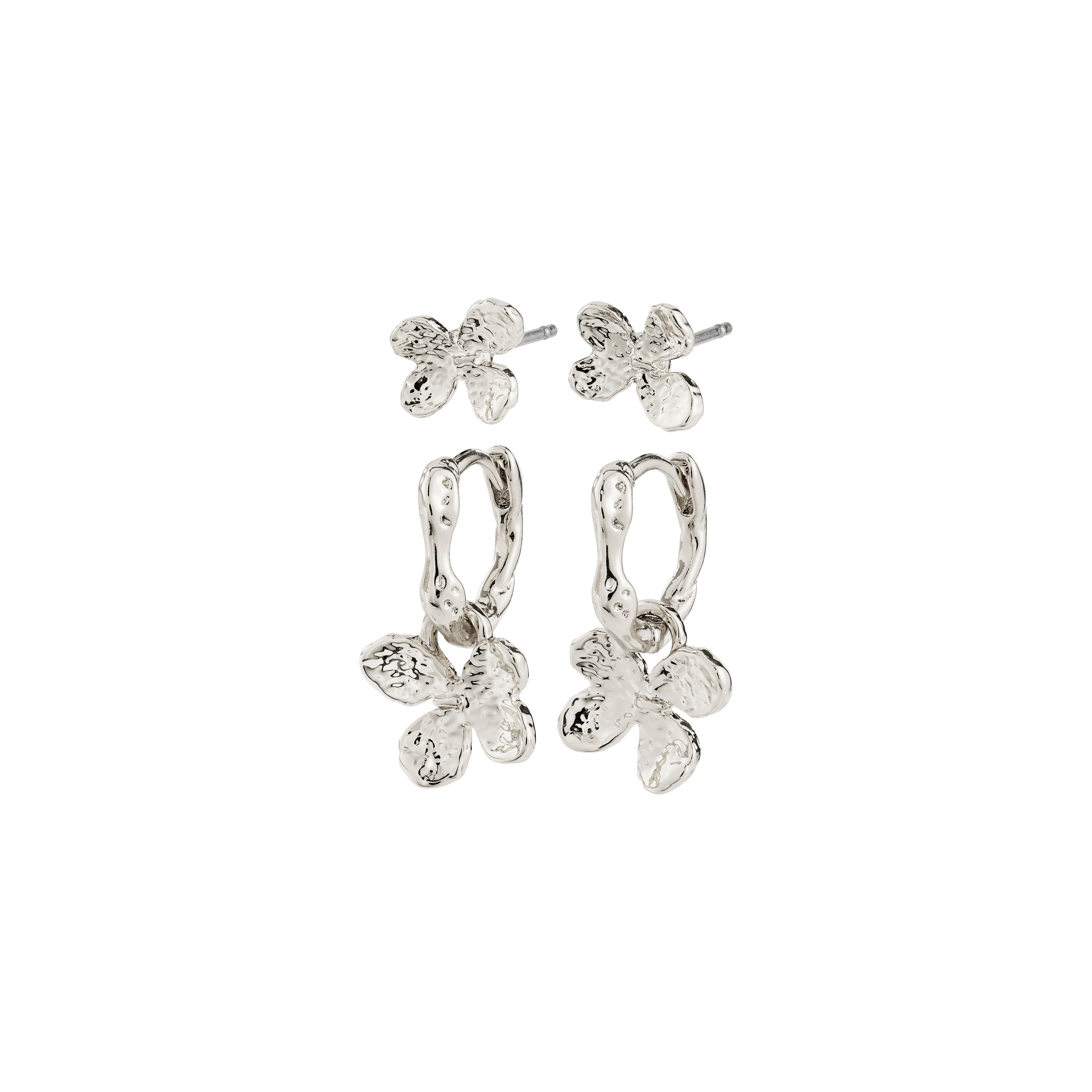 AJANI earrings 2-in-1 set, silver-plated: includes sculptural flower-shaped stud earrings and matching huggie hoops with dangling floral charms, crafted from 99% recycled materials.