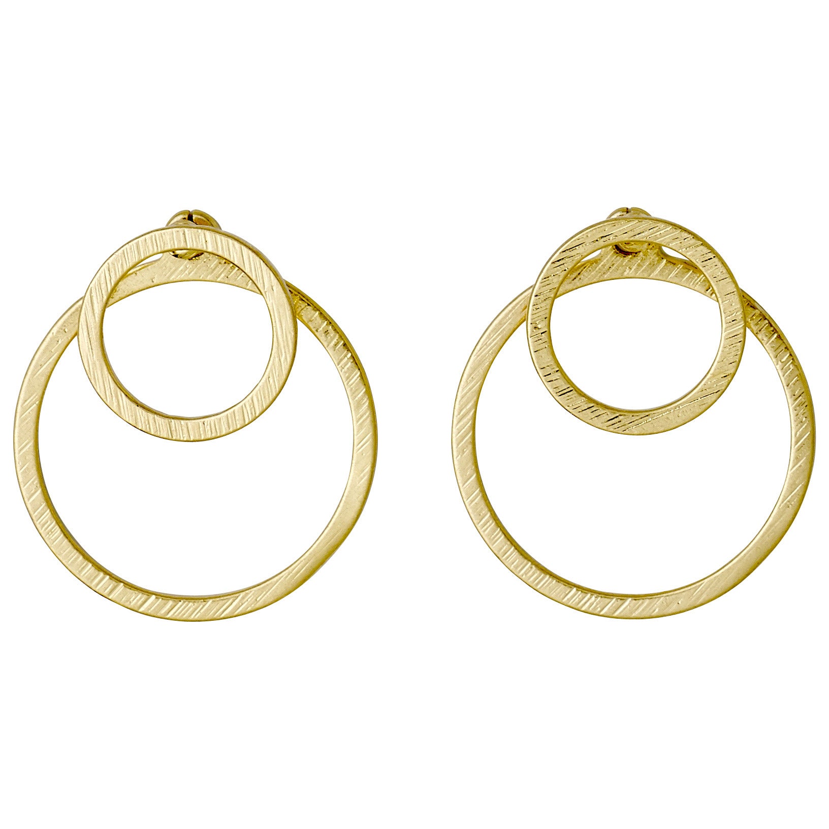 ZOOEY 2-in-1 gold-plated earrings featuring a large circle behind the earlobe and a small circle in front, creating a striking 3D effect.