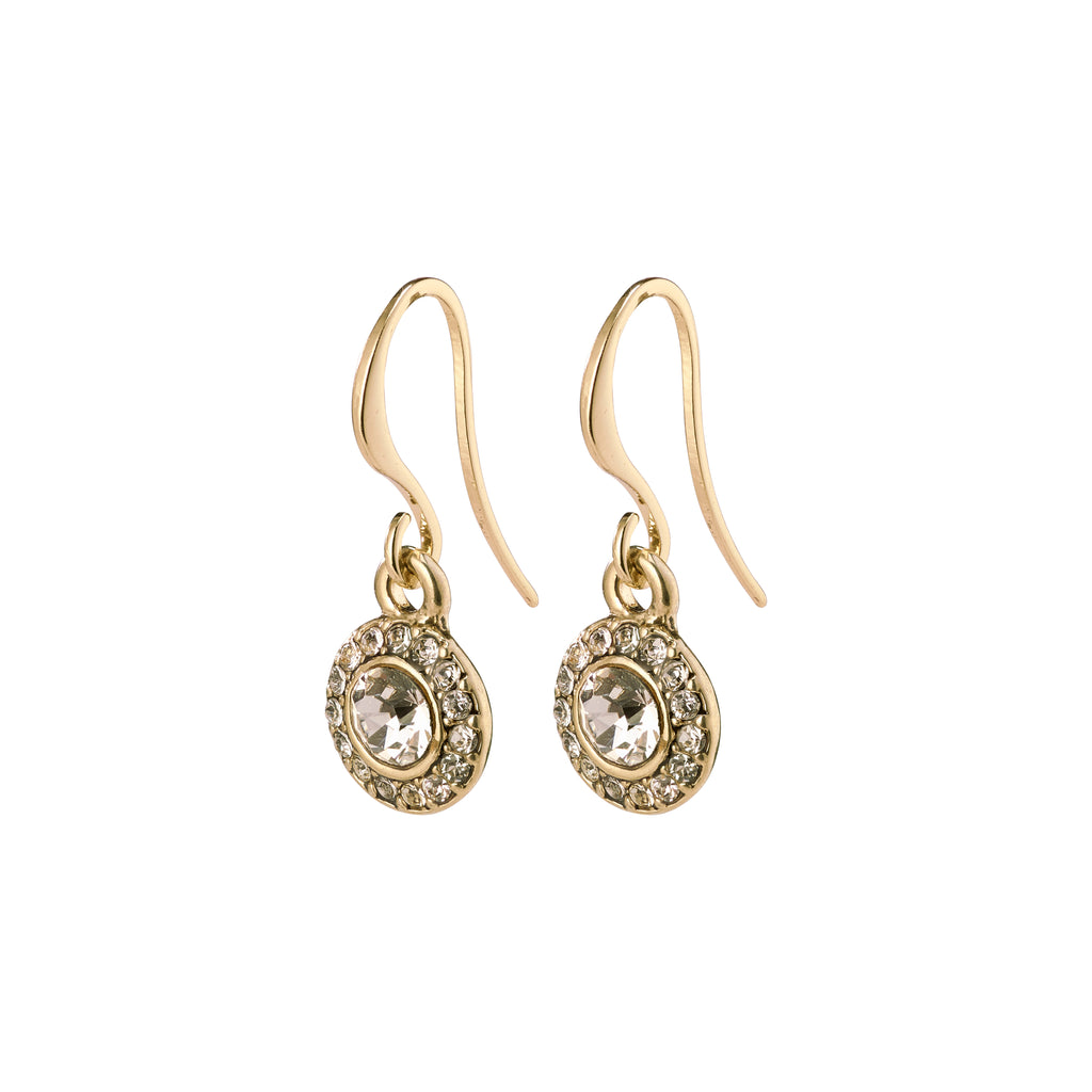 CLEMENTINE crystal earrings gold-plated, featuring large central crystal stones surrounded by smaller ones, offering an elegant, glamorous look.