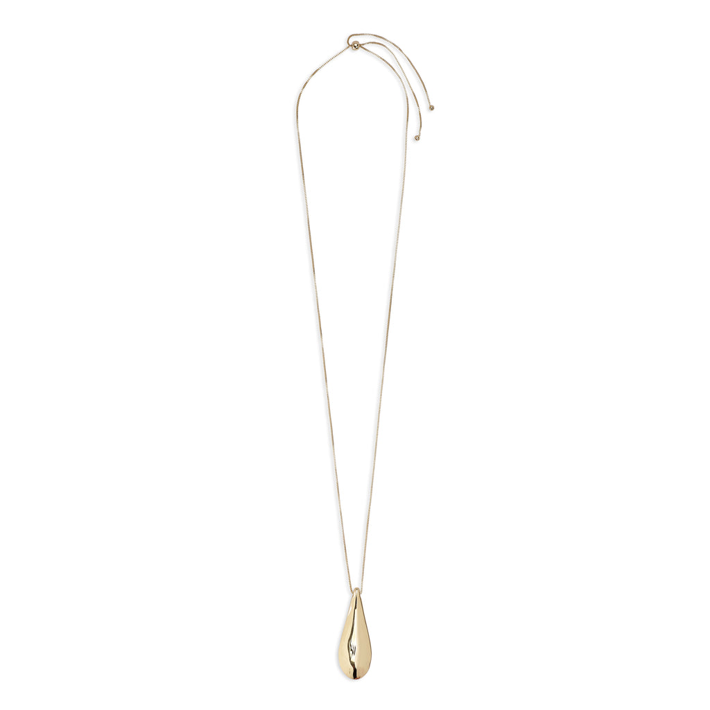 ALMA necklace gold-plated with a teardrop pendant, featuring mirror and satin finishes on an adjustable 80 cm chain, blending Scandinavian design and elegance.