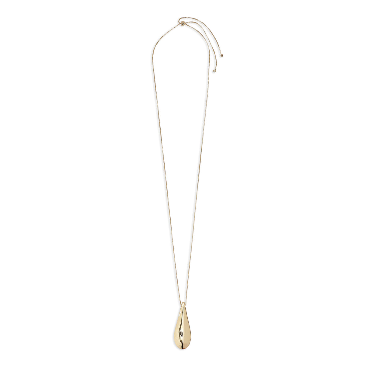 ALMA necklace gold-plated with a teardrop pendant, featuring mirror and satin finishes on an adjustable 80 cm chain, blending Scandinavian design and elegance.