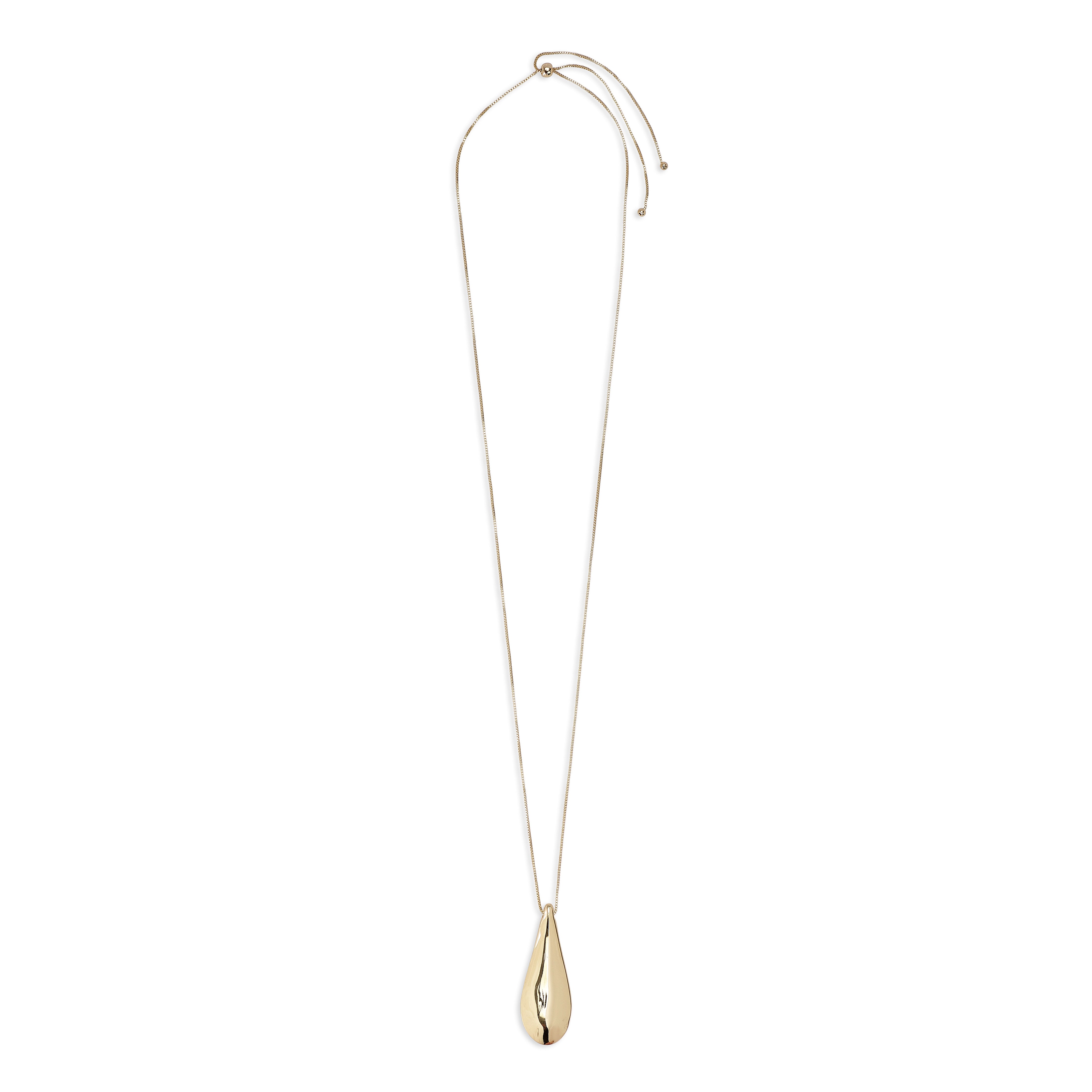 ALMA necklace gold-plated with a teardrop pendant, featuring mirror and satin finishes on an adjustable 80 cm chain, blending Scandinavian design and elegance.