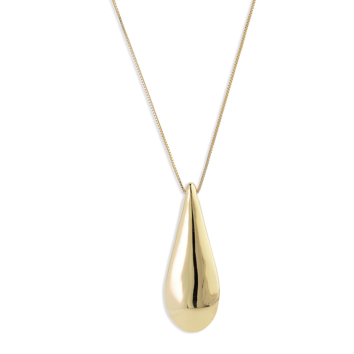 ALMA necklace gold-plated with a teardrop pendant, featuring a mirror-polished and satin finish, hanging on an adjustable 80 cm chain.