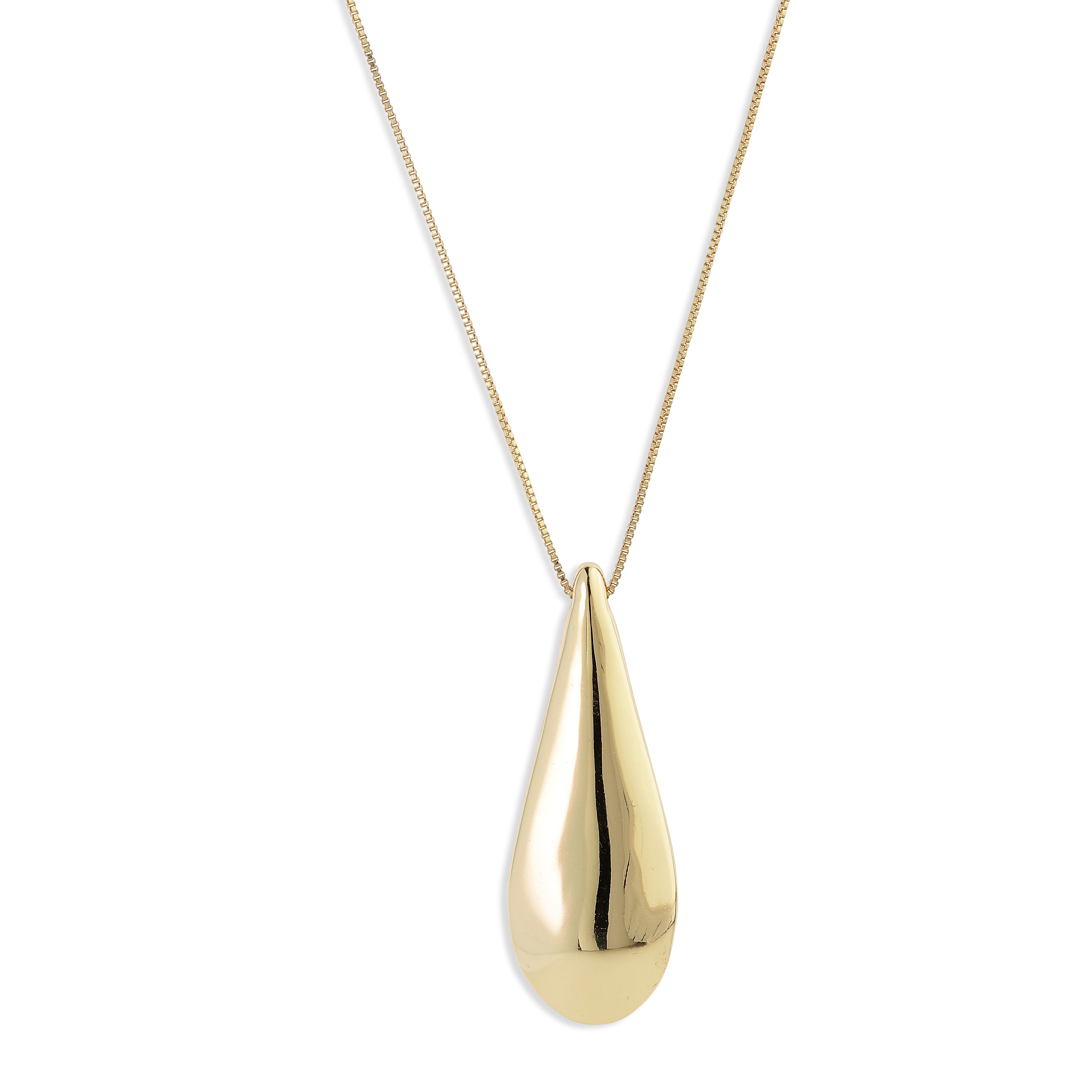 ALMA necklace gold-plated with a teardrop pendant, featuring a mirror-polished and satin finish, hanging on an adjustable 80 cm chain.