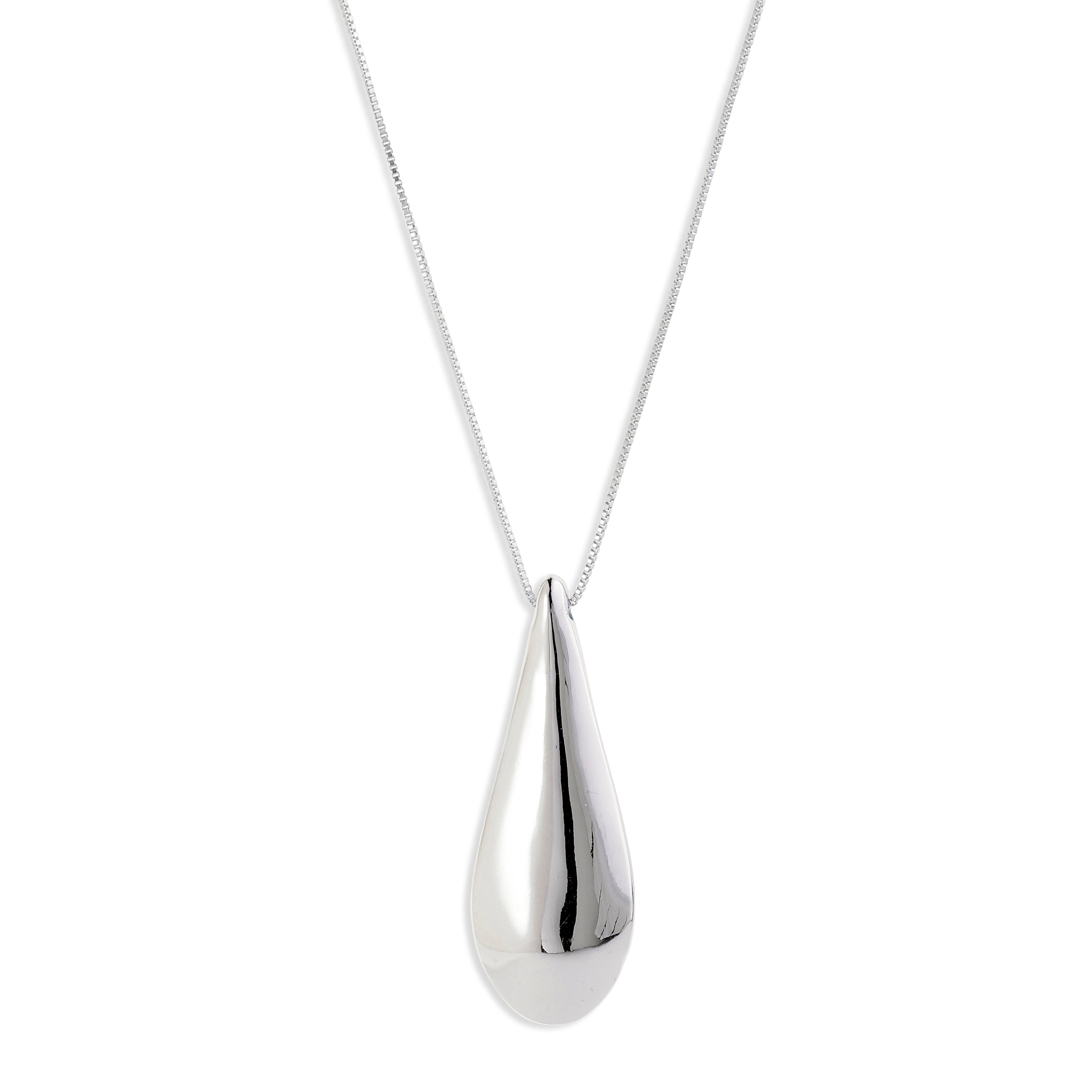 ALMA necklace silver-plated with a large teardrop pendant, featuring a mirror-polished and satin finish, offering a modern Scandinavian design on an adjustable 80 cm chain.