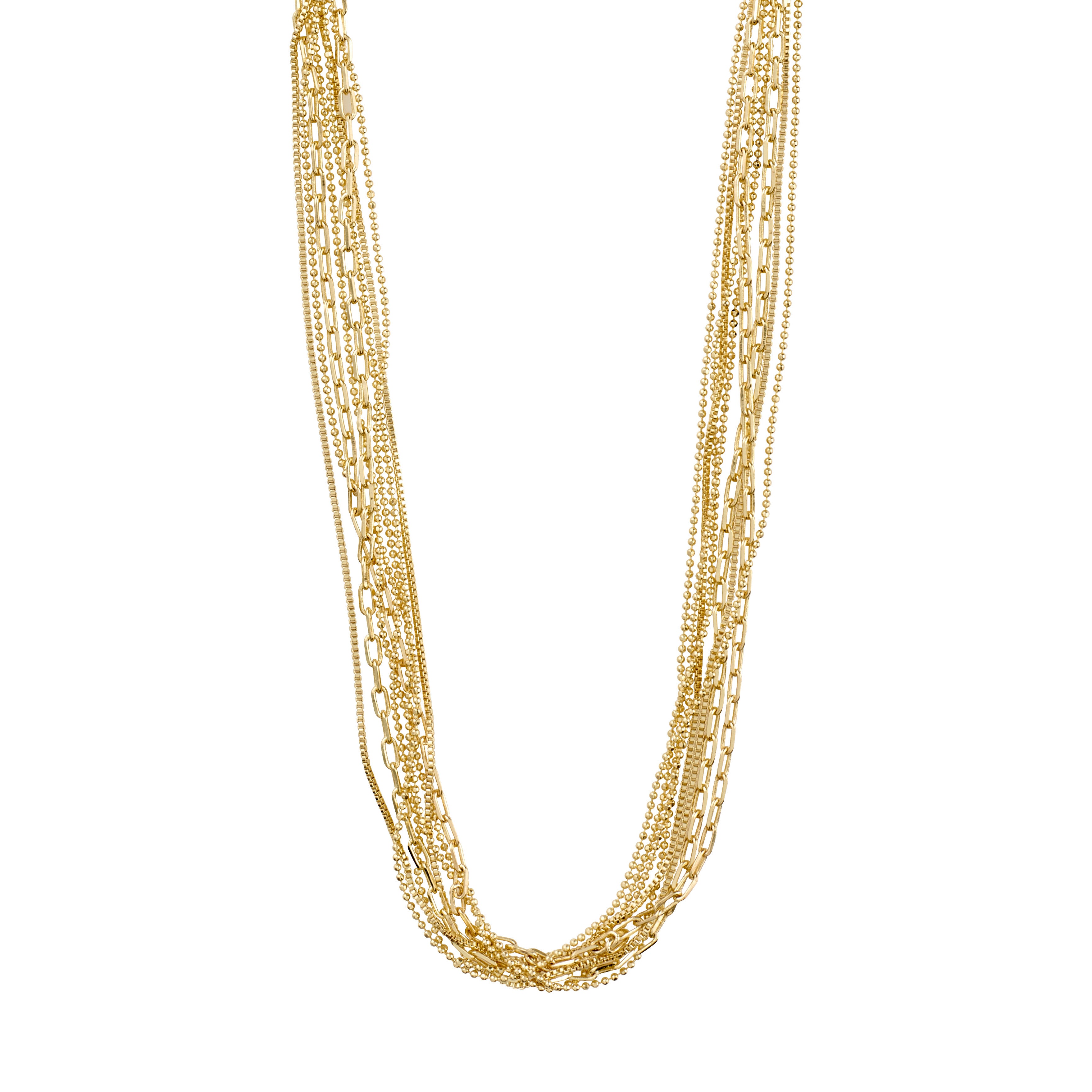 LILY chain necklace gold-plated, featuring eight delicate chains with three distinct designs, offering a trendy mix-and-match style. Measures 38 cm with a 9 cm extension.