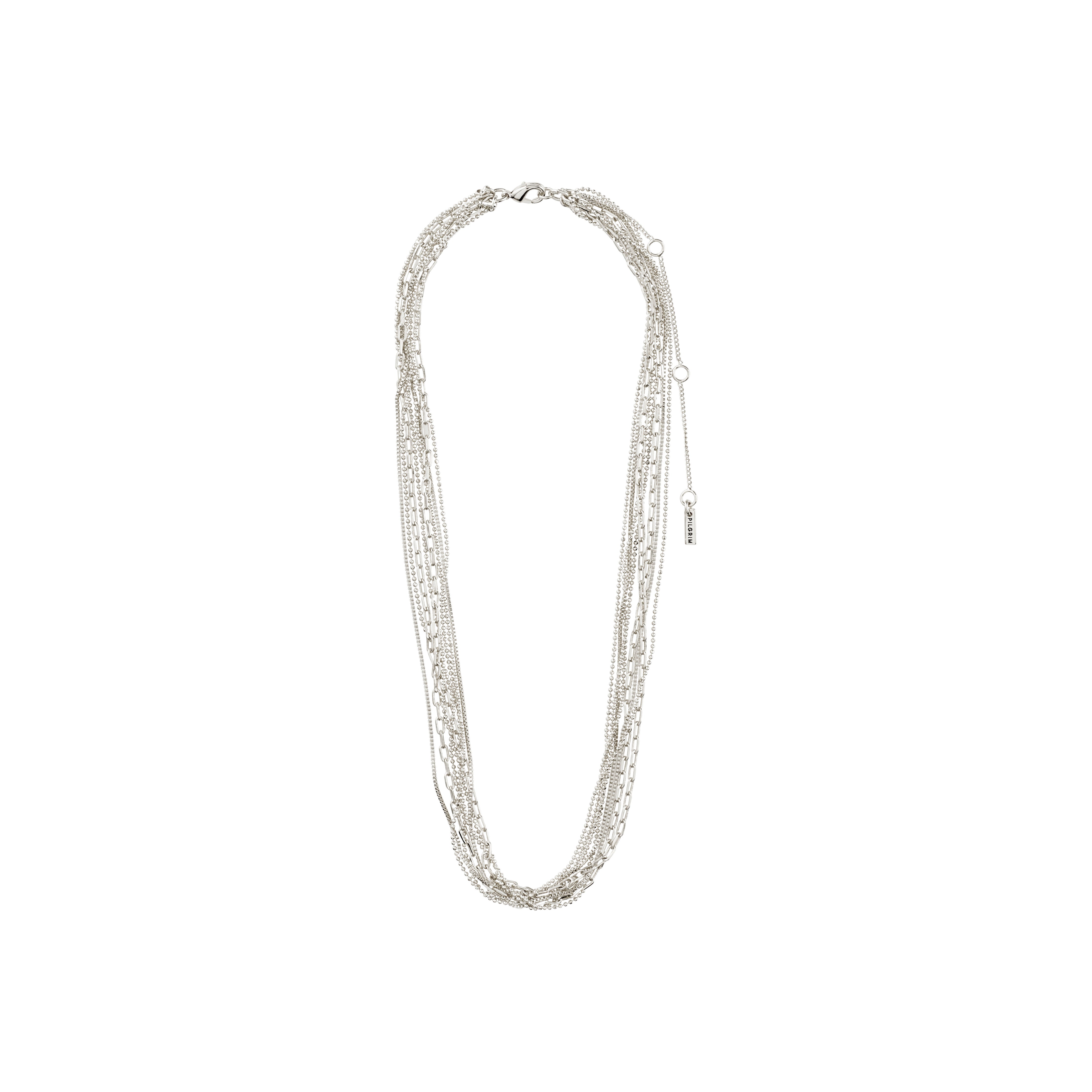 LILY chain necklace silver-plated, featuring eight distinct chains including box, ball, and cable styles, creating a trendy layered look. Perfect for adding flair to any outfit.