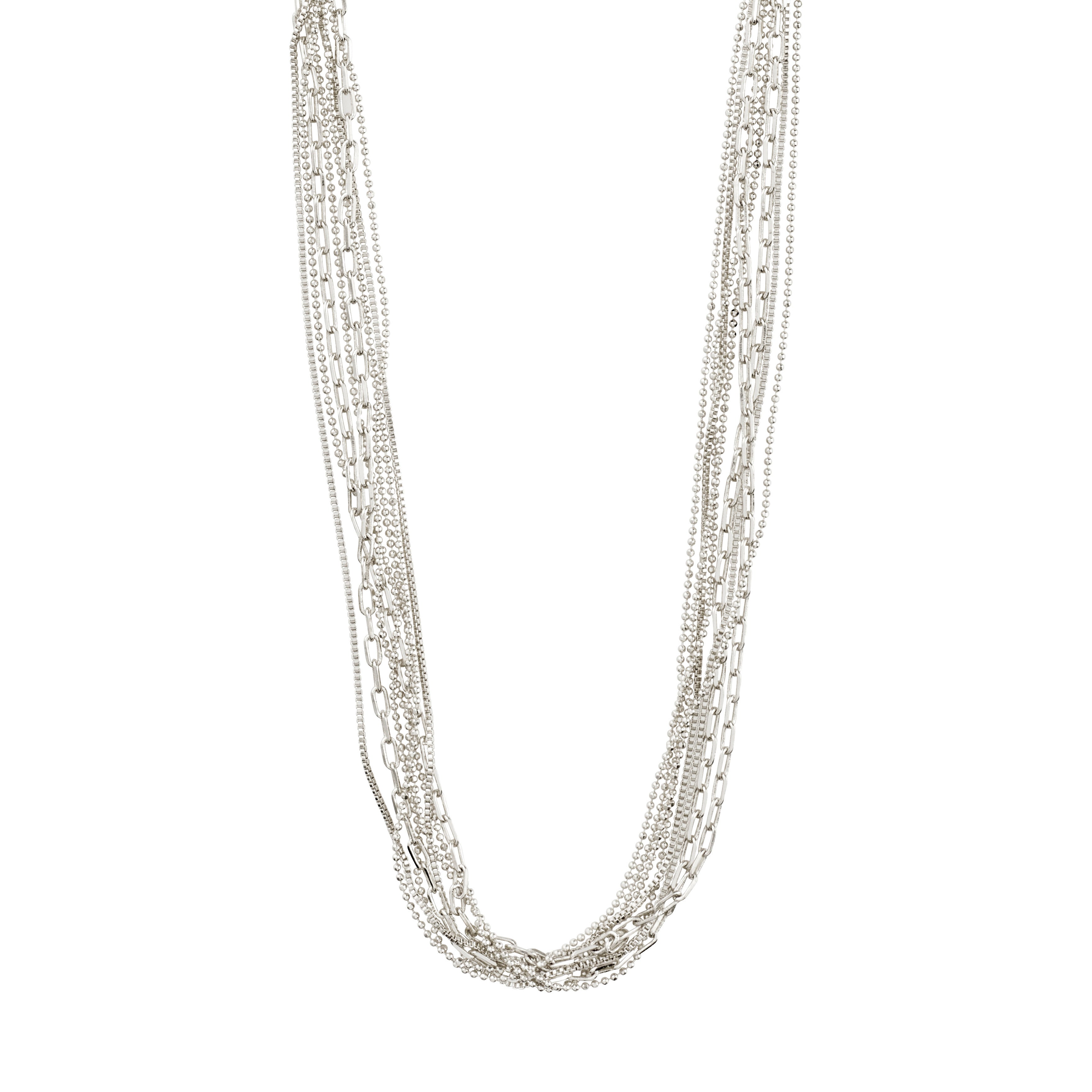 LILLY chain necklace, silver-plated, featuring a stylish mix of eight diverse chains for a trendy, layered look, measuring 38 cm with a 9 cm extension.