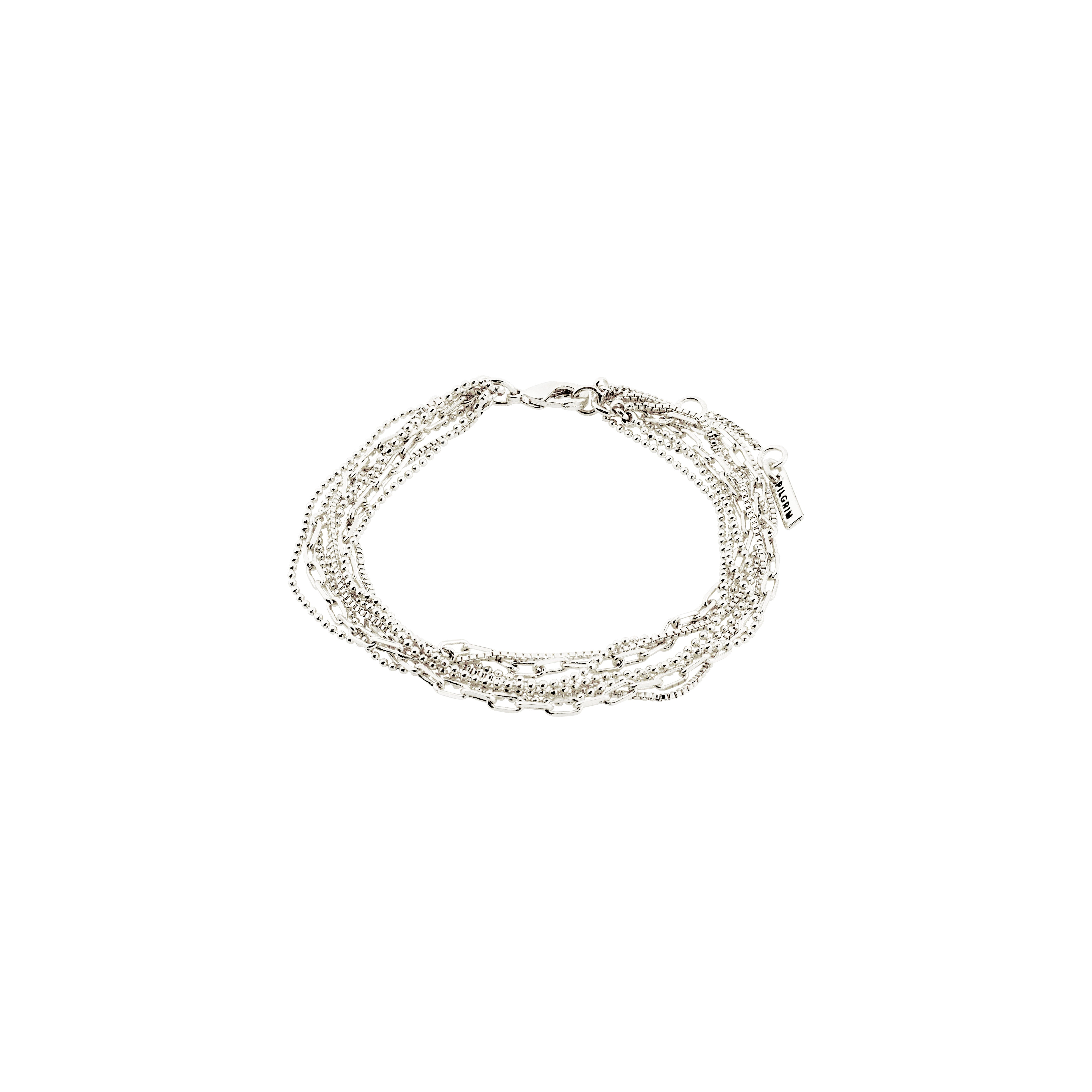 Silver-plated LILY chain bracelet by Pilgrim, showcasing diverse chain textures for a layered look, perfect for mixing with chunky chains and stackable rings.