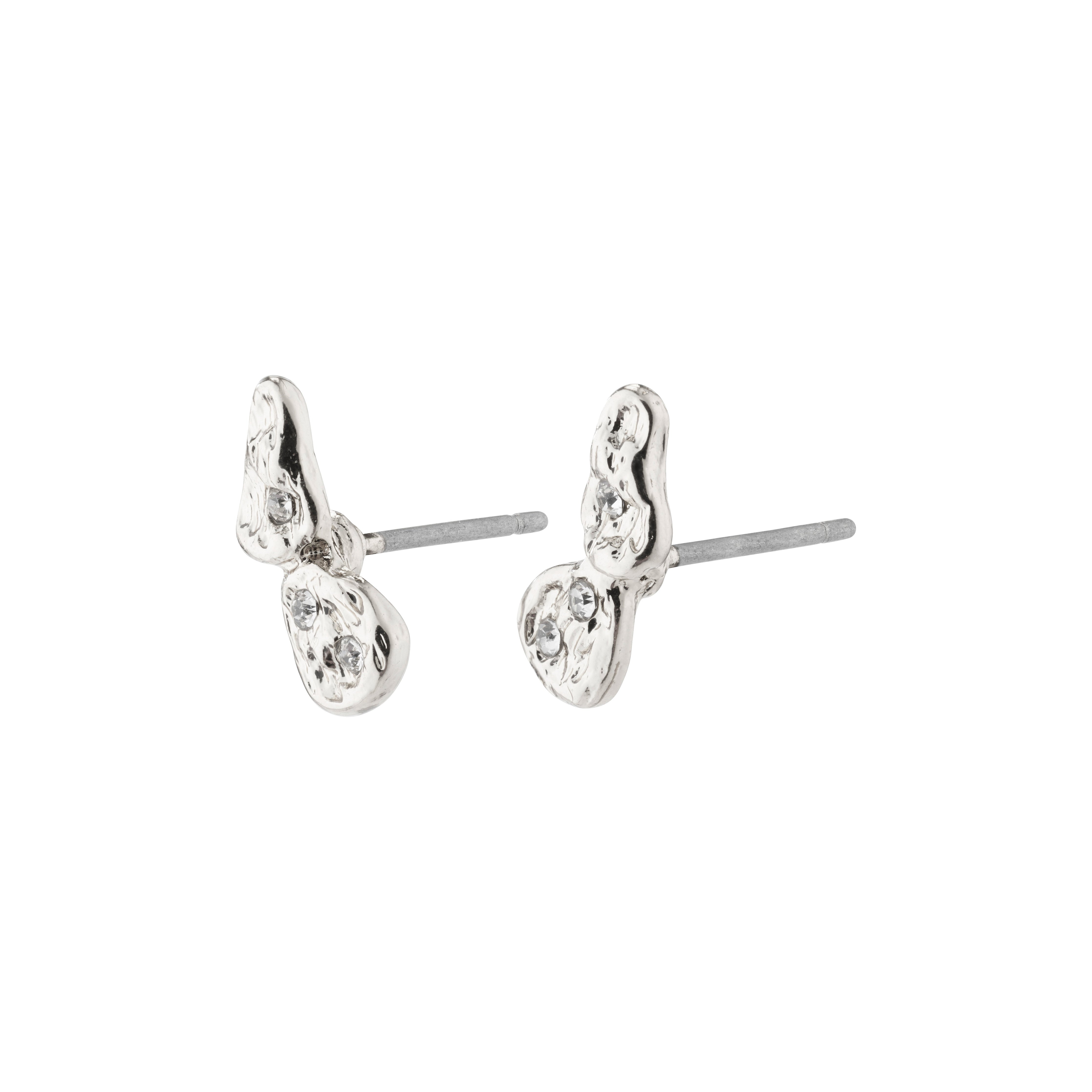 QUINN organic shaped crystal earrings in silver-plated finish, featuring small Preciosa crystals and crafted from 75% recycled material for a unique, handcrafted look.