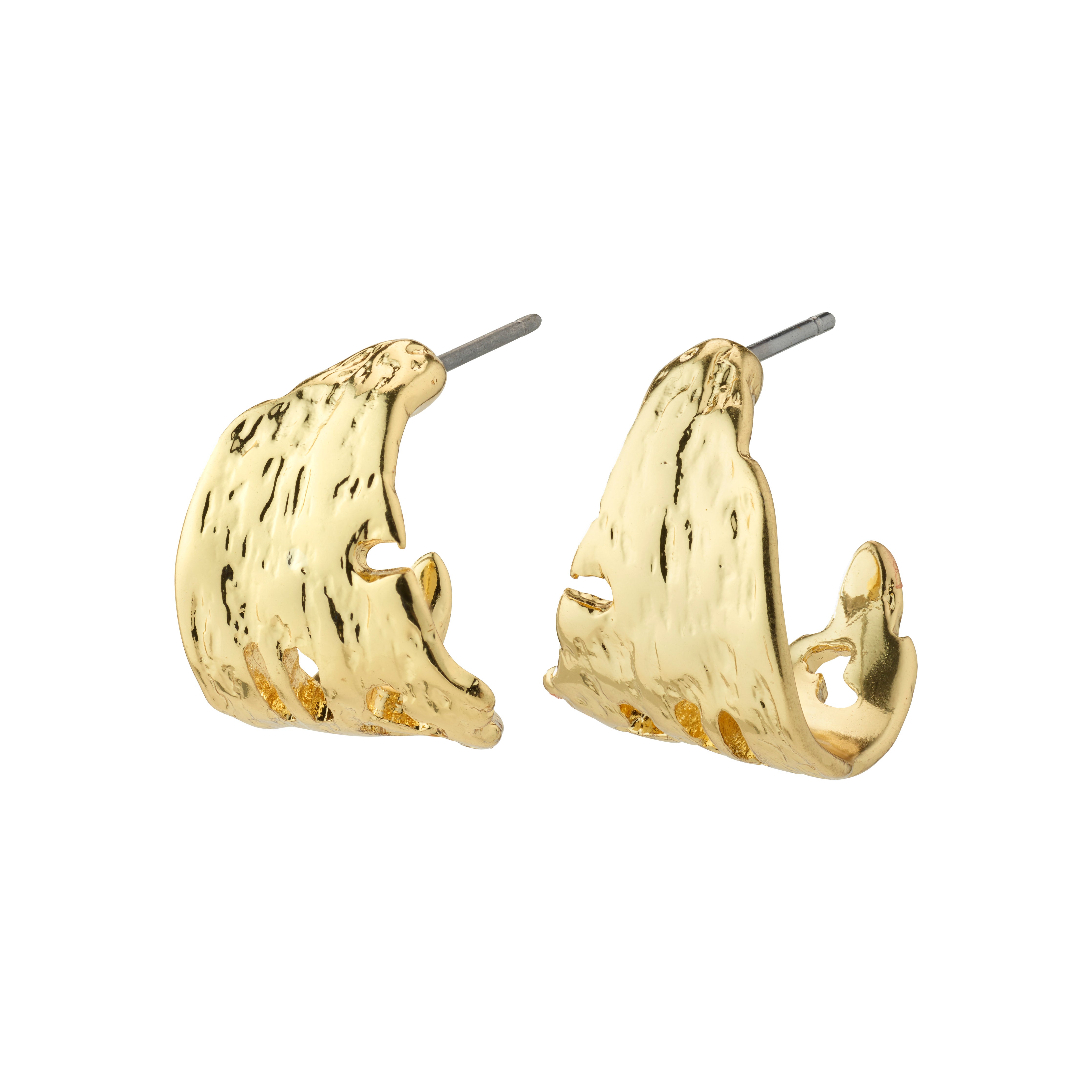 BRENDA earrings gold-plated with irregular, wavy surfaces, crafted from 98% recycled materials, showcasing a unique, handcrafted semi-hoop design by Pilgrim.