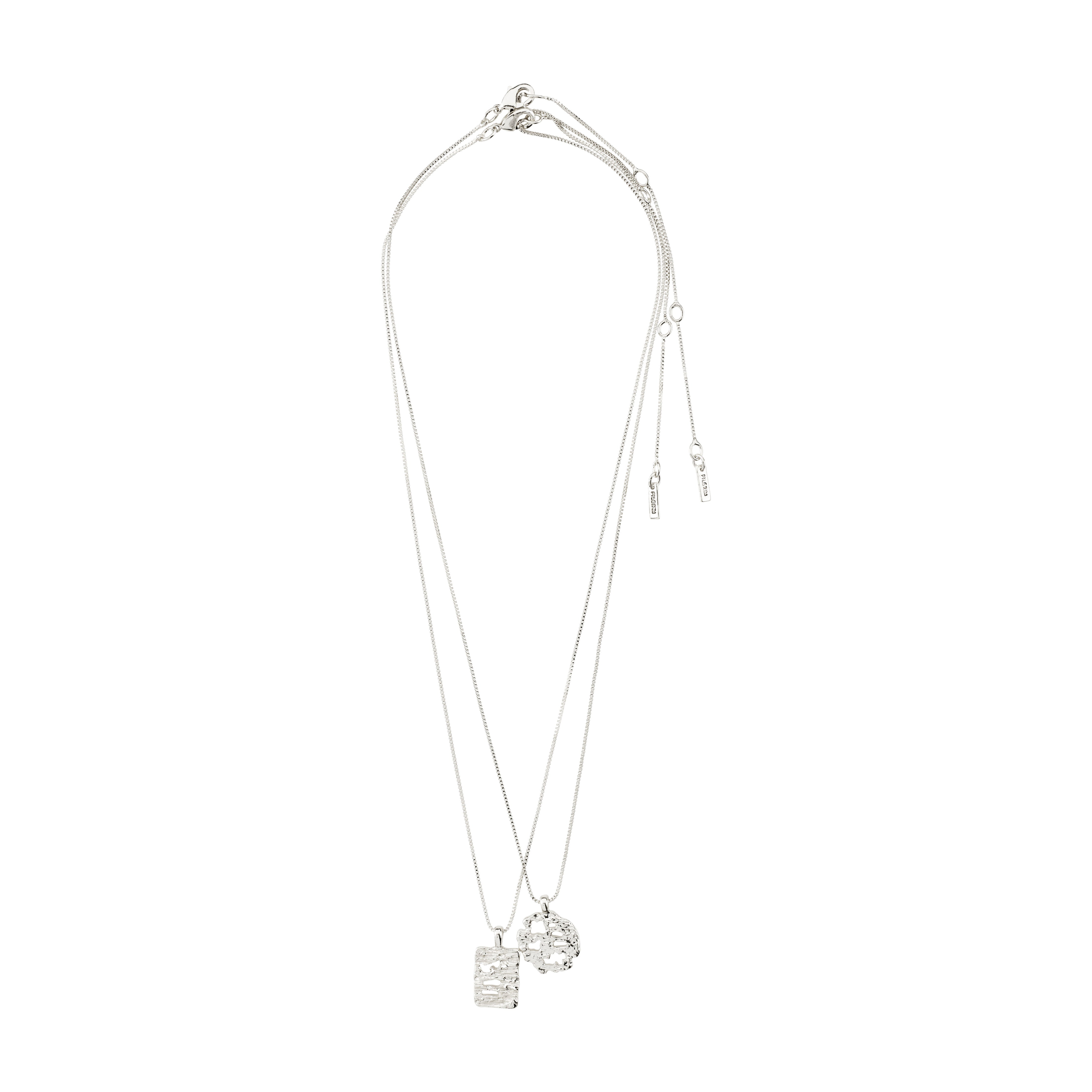 BRENDA pendant necklace 2-in-1 set silver-plated features two unique pendants with organic perforations on separate box chains.