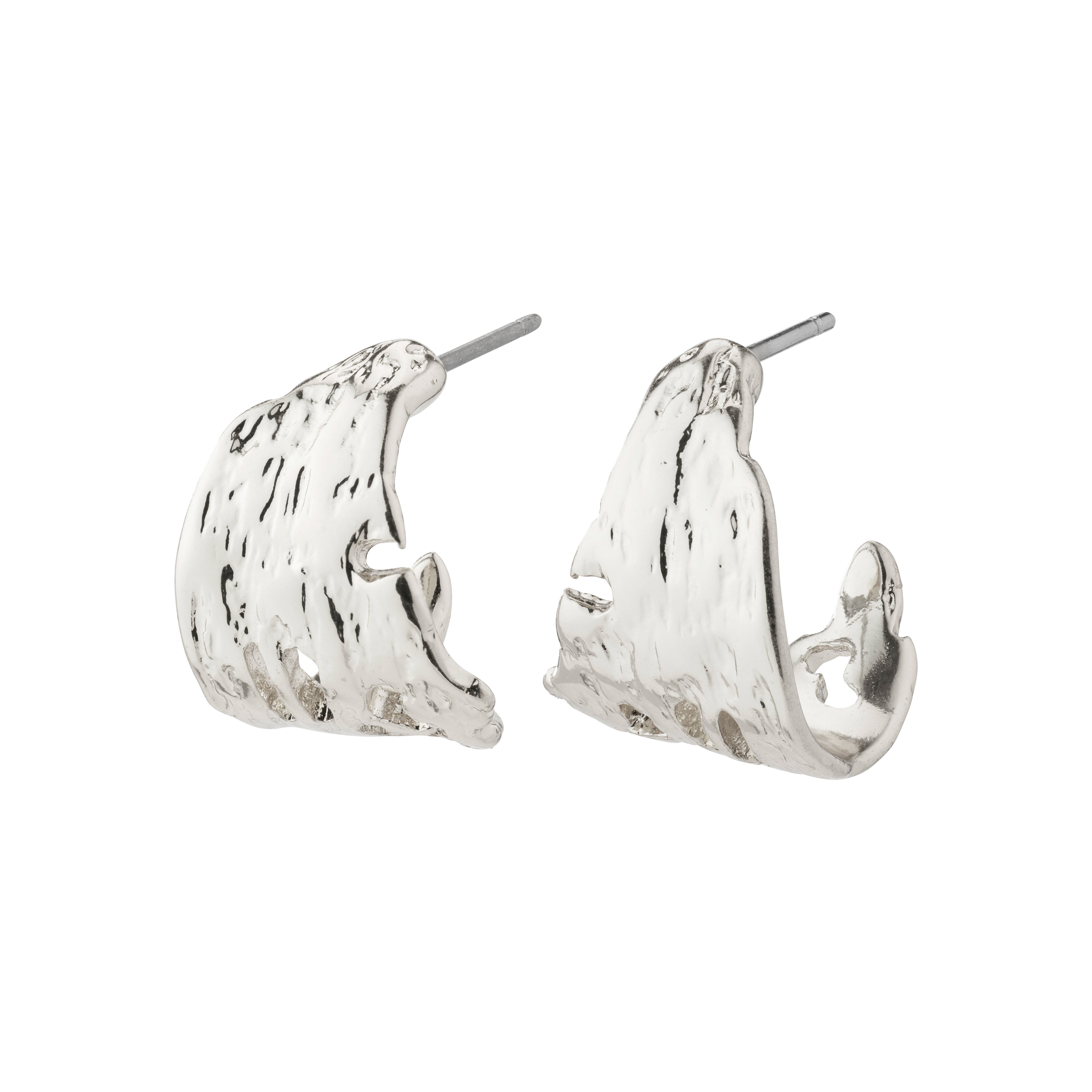 BRENDA earrings silver-plated: Semi-hoop design with irregular, nature-inspired surfaces, crafted from 98% recycled materials, offering a unique, handcrafted aesthetic by Pilgrim.