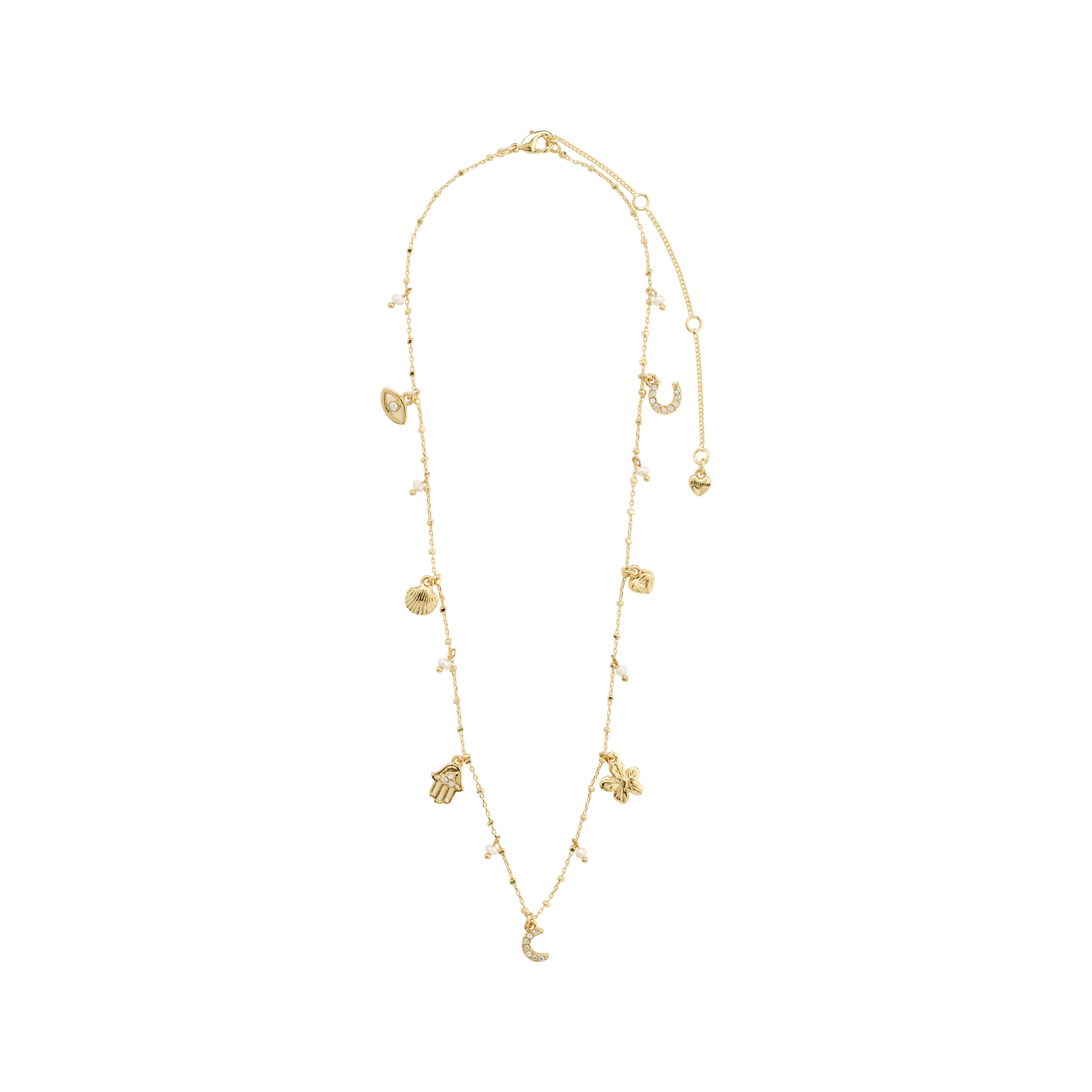 PRUCENCE necklace gold-plated with small gold charms, including symbols like a heart, moon, and horseshoe, embellished with freshwater pearl and Preciosa crystals.