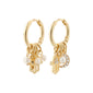 PRUCENCE earrings gold-plated with charms featuring a moon, Hamsa, freshwater pearl, and Preciosa crystals. Eco-friendly, crafted from 85% recycled material.