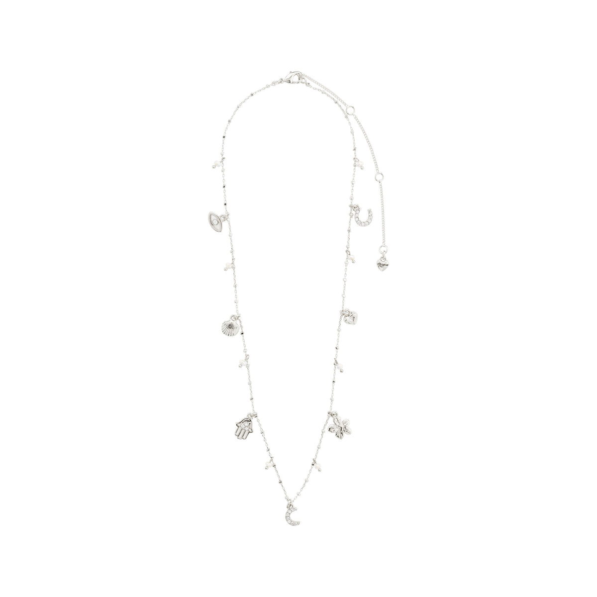 PRUCENCE necklace, silver-plated, features small charms and a silver flower pendant, including a Hamsa and horseshoe, symbolizing elegance and connection.