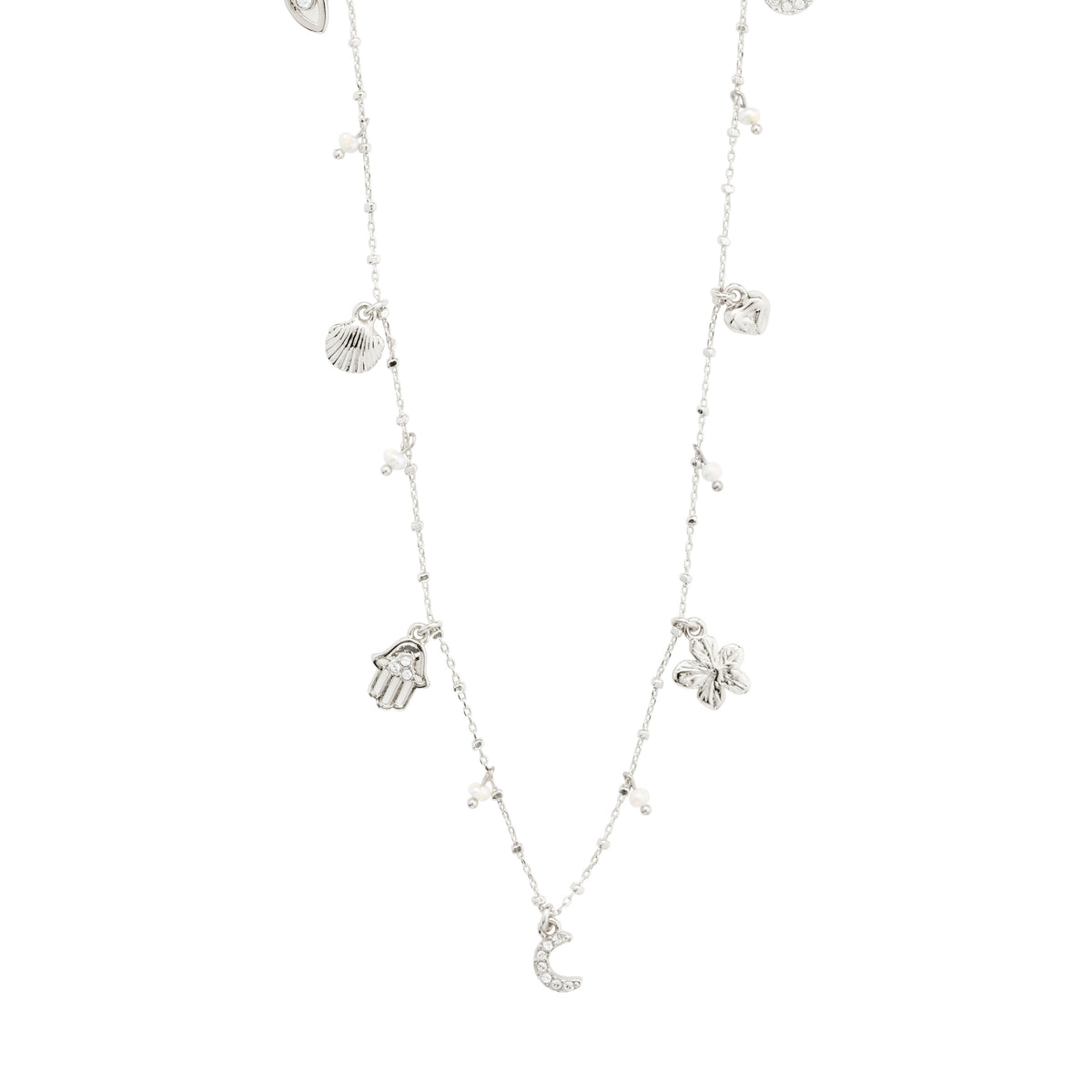 PRUCENCE necklace silver-plated with assorted charms including heart, flower, shell, and more, featuring freshwater pearls and Preciosa crystals on a silver-plated chain.