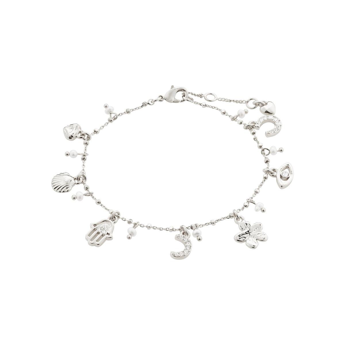 Silver-plated PRUCENCE bracelet from Pilgrim featuring diverse charms like hearts, moons, and seashells, adorned with freshwater pearls and Preciosa crystals.