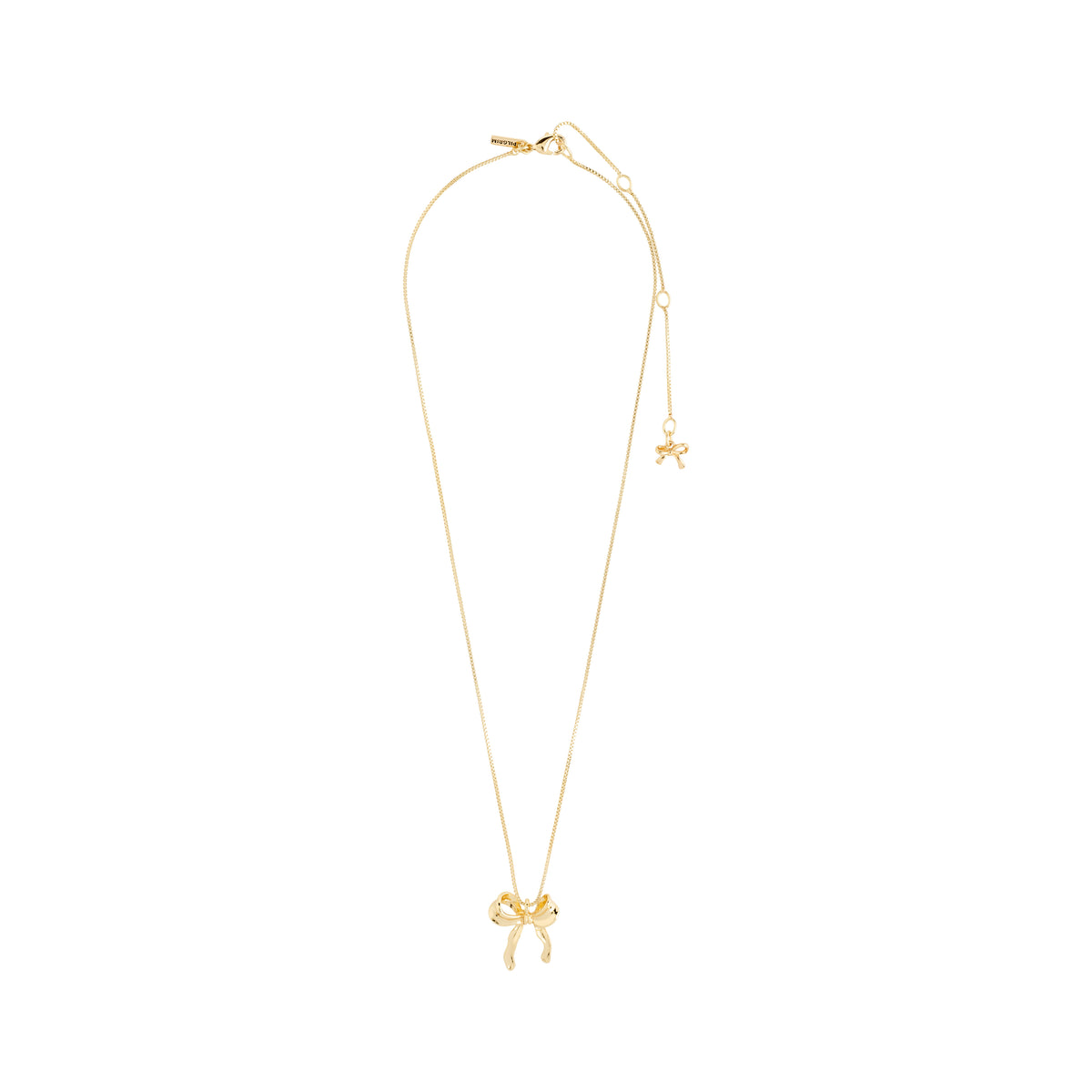 CASSIAN necklace gold-plated features a delicate gold bow pendant on a slim box chain, perfect for adding elegance and style to any outfit.