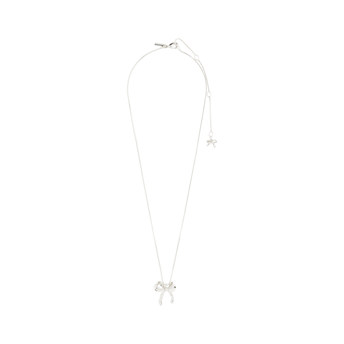CASSIAN necklace silver-plated featuring a slim box chain with a stylish bow pendant, perfect for an effortlessly sleek look. 