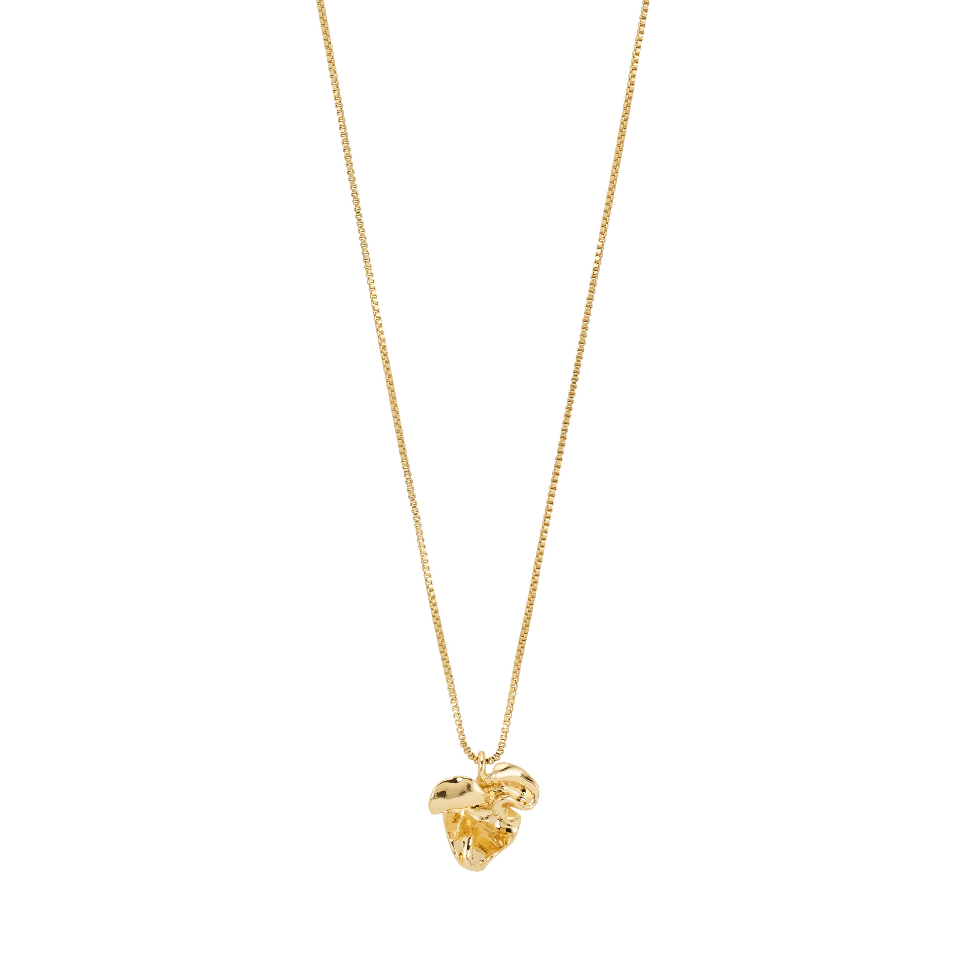Gold-plated LUIS necklace with sleek box chain and abstract flower pendant, 38 cm with 9 cm extender, crafted from 99% recycled materials by Pilgrim.