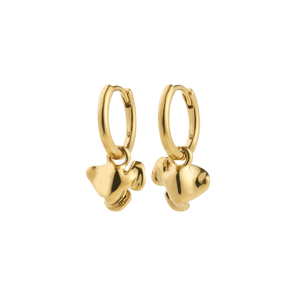 LUIS gold-plated hoops with abstract flower pendants, versatile for boho or minimalist styles, featuring easy click clasps and made from 99% recycled materials.
