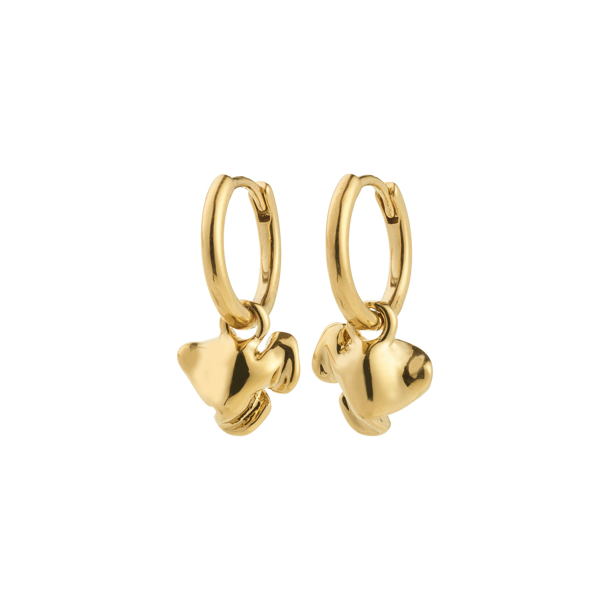 LUIS gold-plated hoops with abstract flower pendants, versatile for boho or minimalist styles, featuring easy click clasps and made from 99% recycled materials.